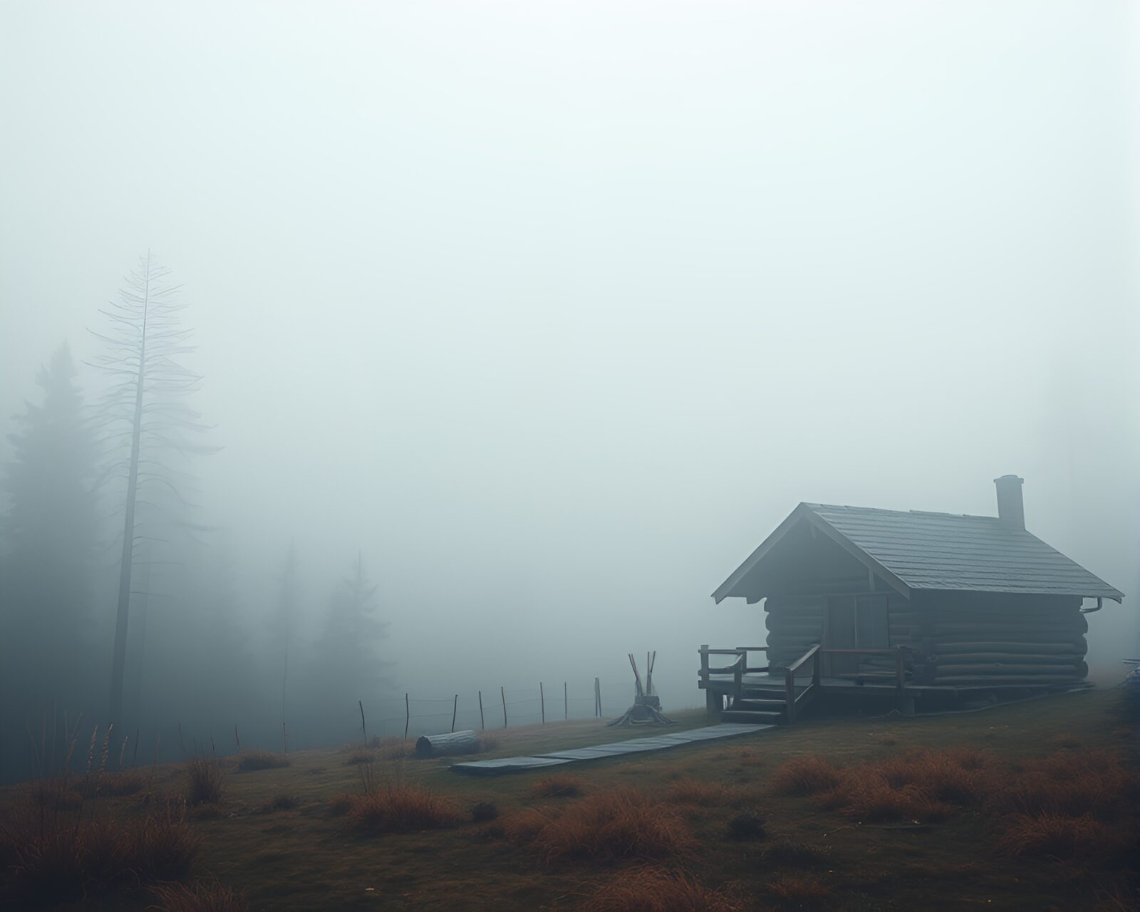 A beautiful photorealistic painting of a rustic cabin in thick fog