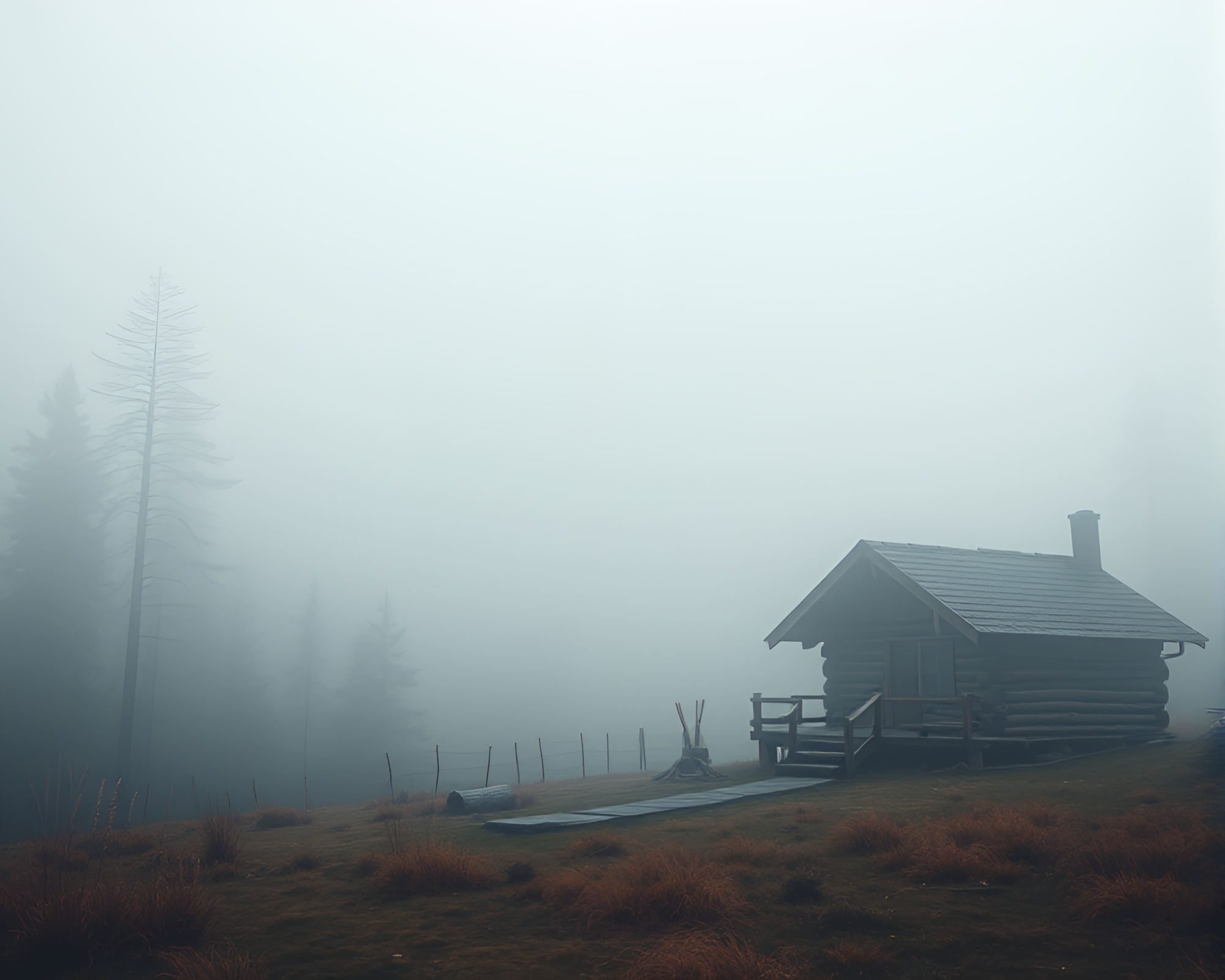 Foggy Rustic Cabin Surrounded by Vibrant Nature – free AI stock image