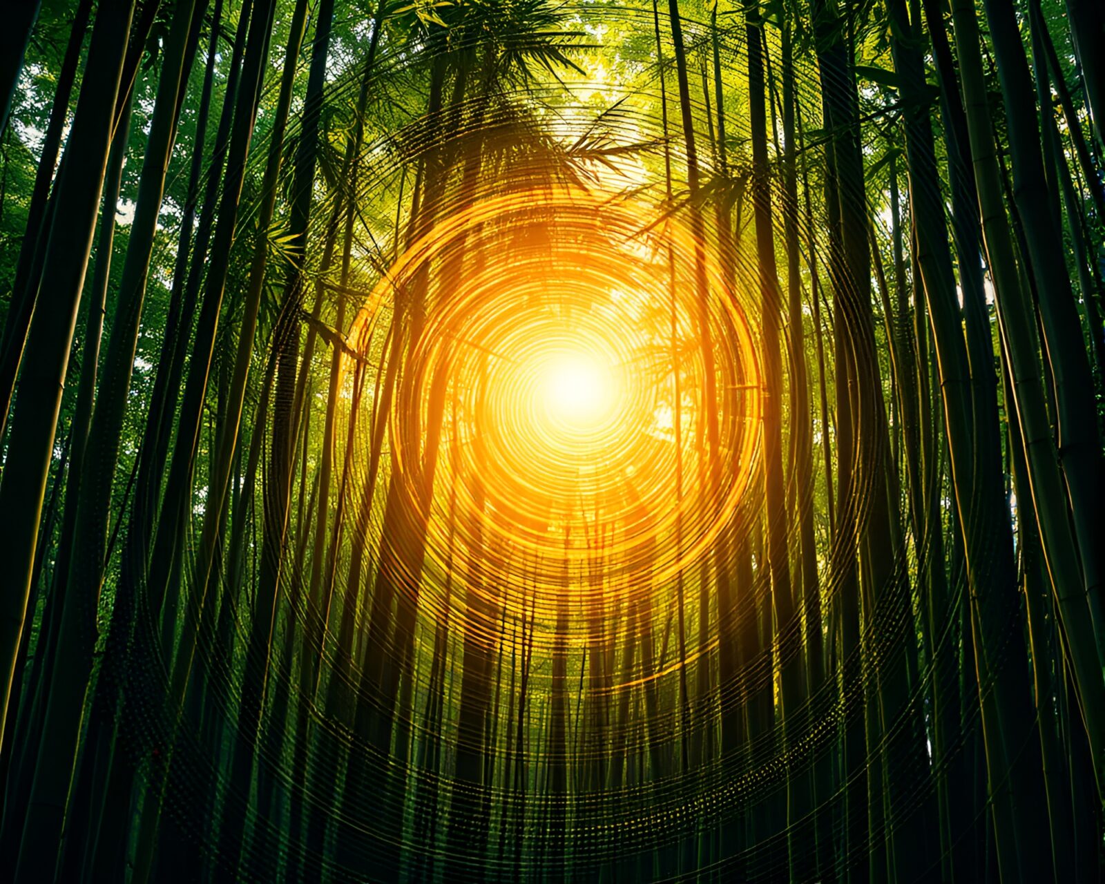 Swirling fingerprint lines intertwined with bamboo grove in midday light