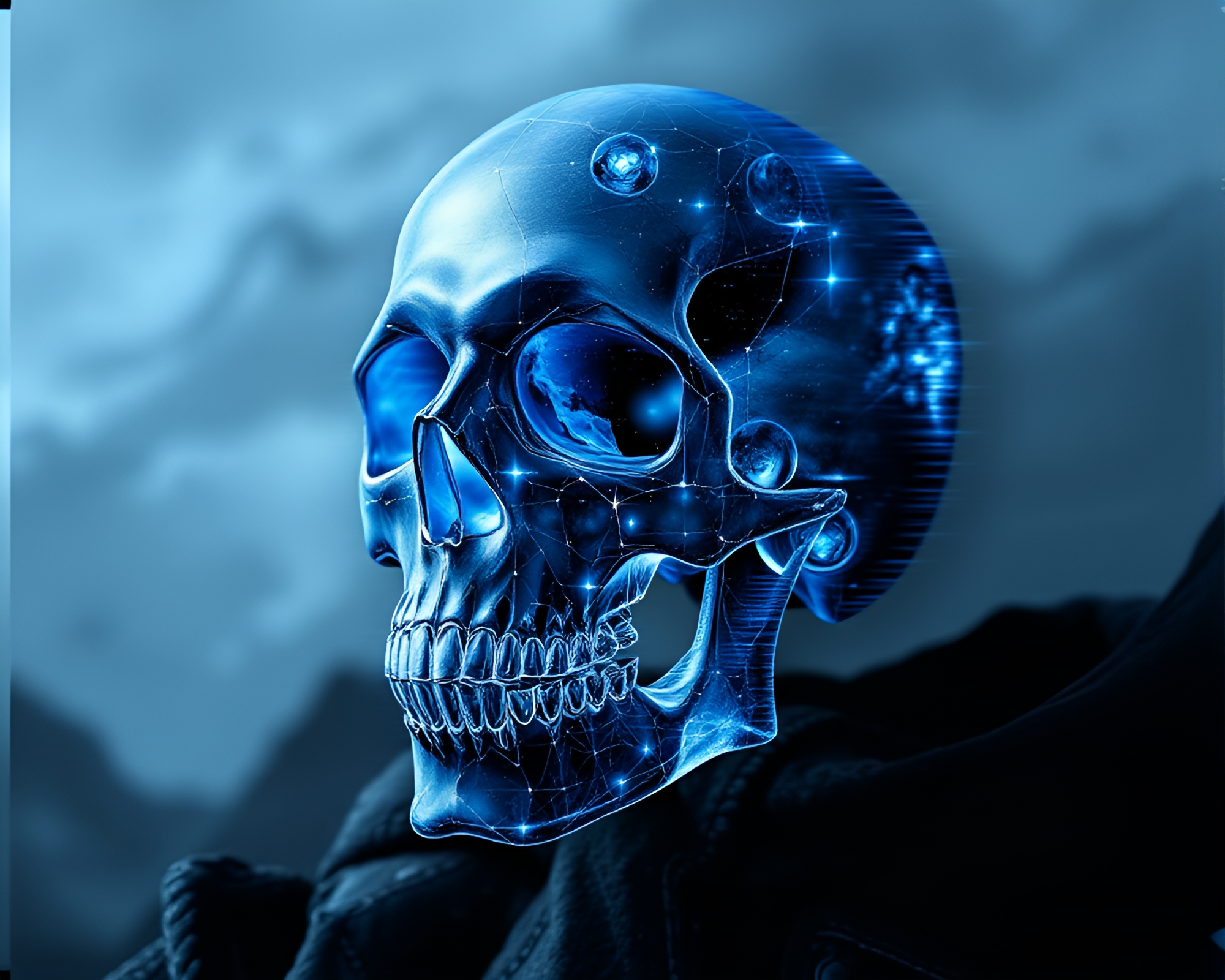 Glitch Art Crystal Skull Monochrome Blue Conceptual Composition – free AI stock image