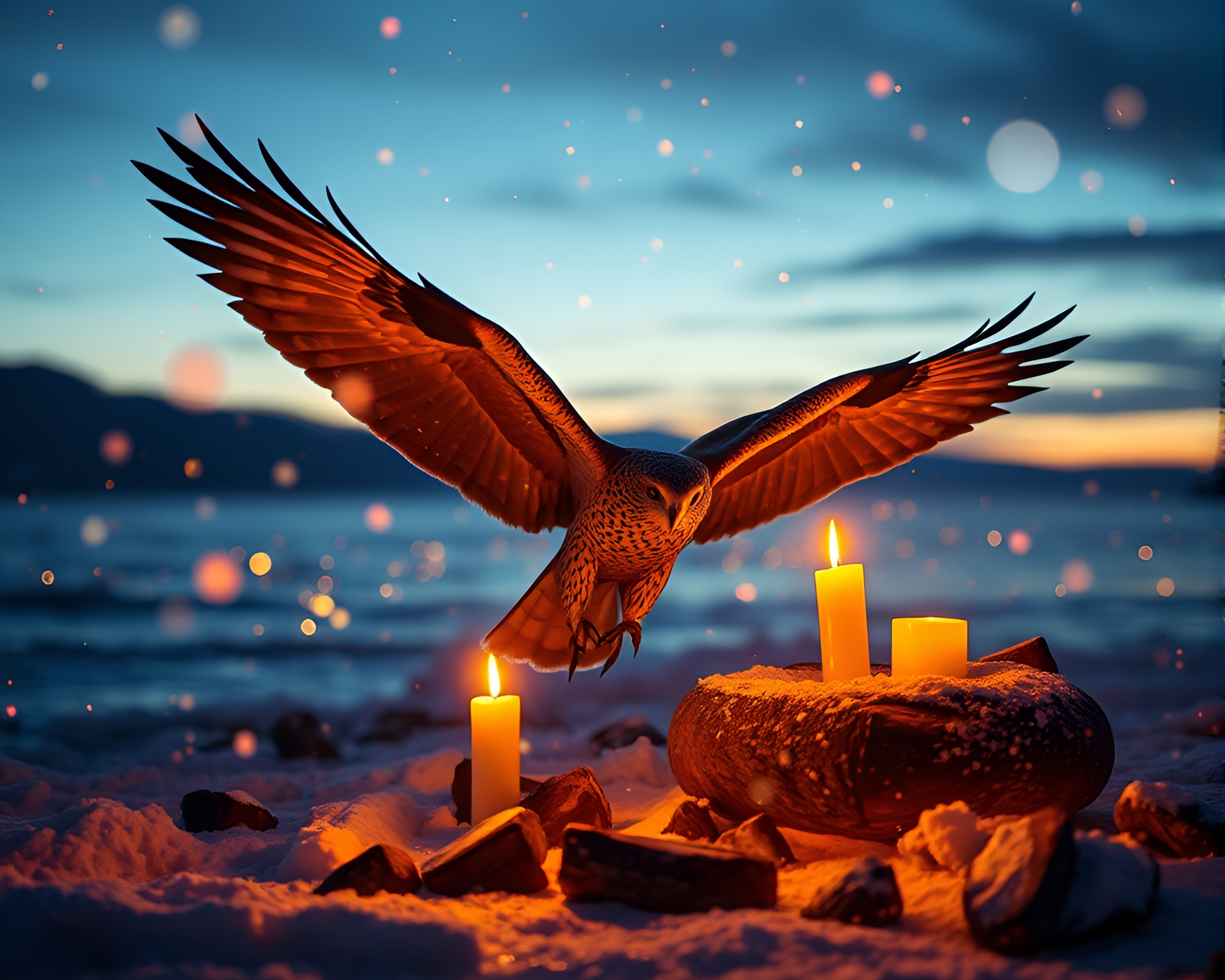 Falcon in Polar Twilight amidst Floating Embers – free AI stock image