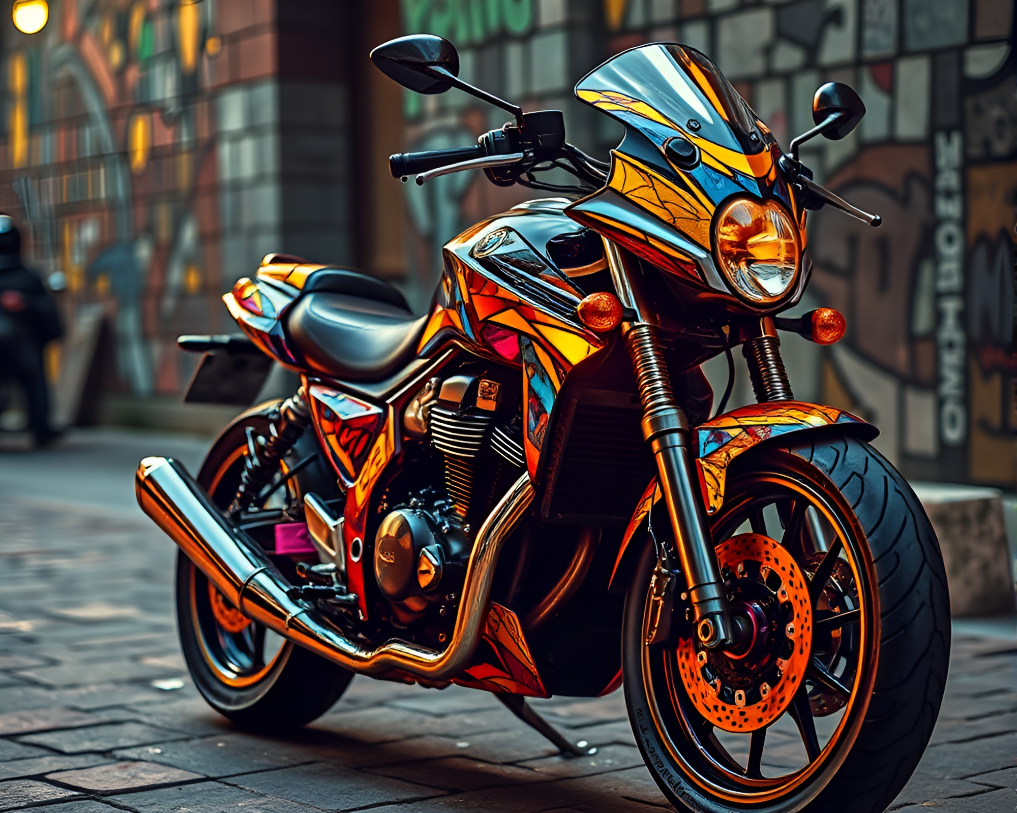 Gilded Motorcycle Graffiti in Stunning Stained Glass – free AI stock image