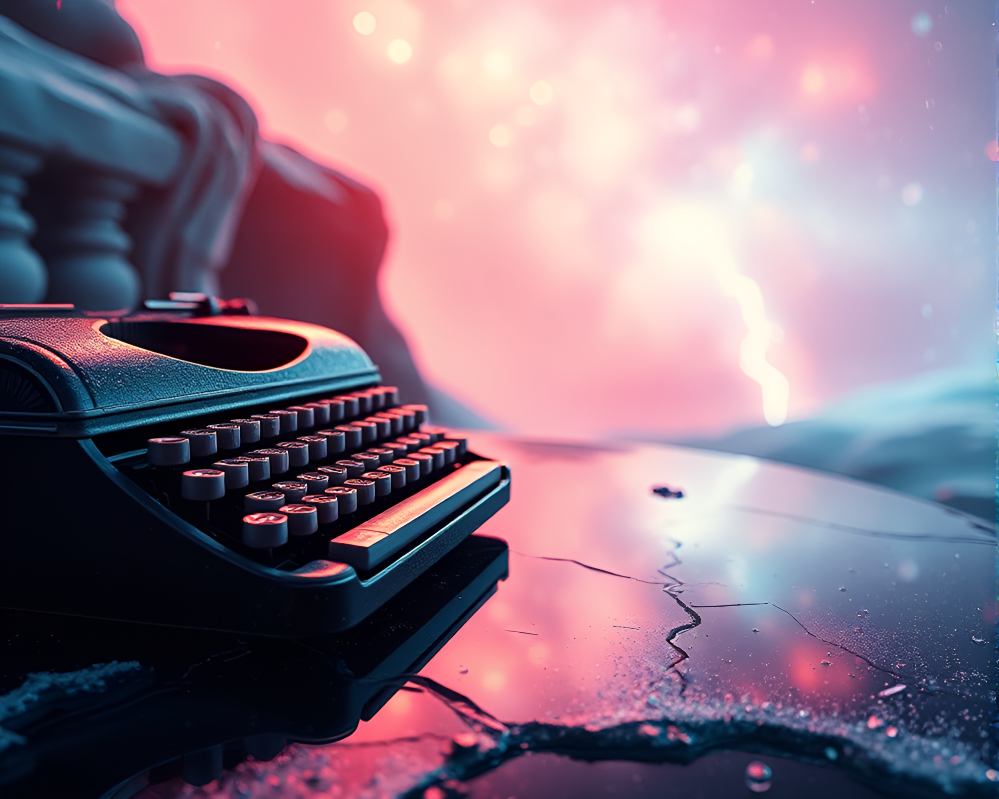 Antique typewriter on cosmic ice reflecting synthwave crack – free AI stock image