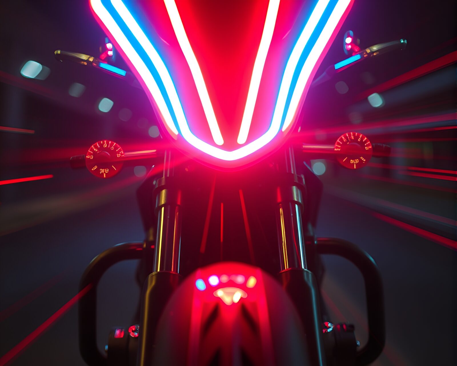 Vibrant neon motorcycle in stop-motion animation with light streaks