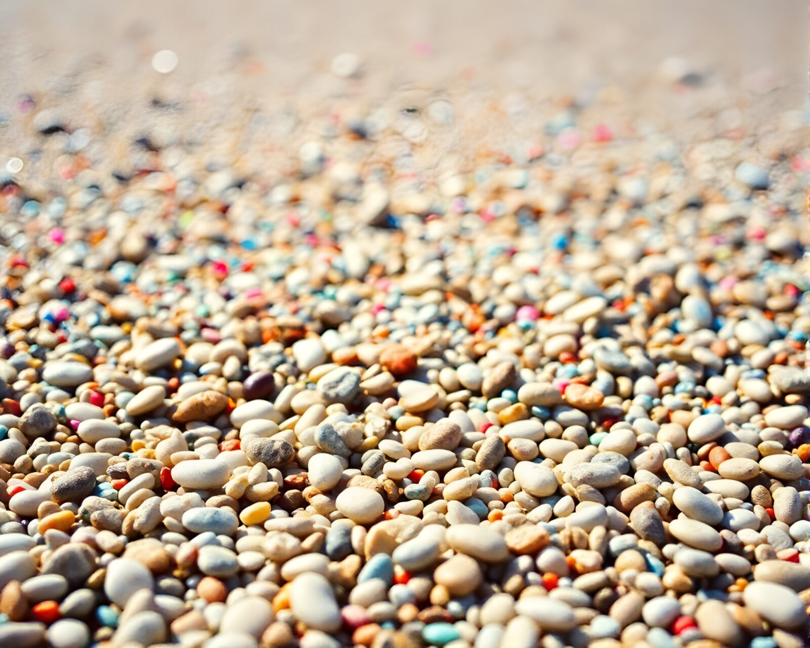 Colorful dots and rocks creating confetti-like burst on shore