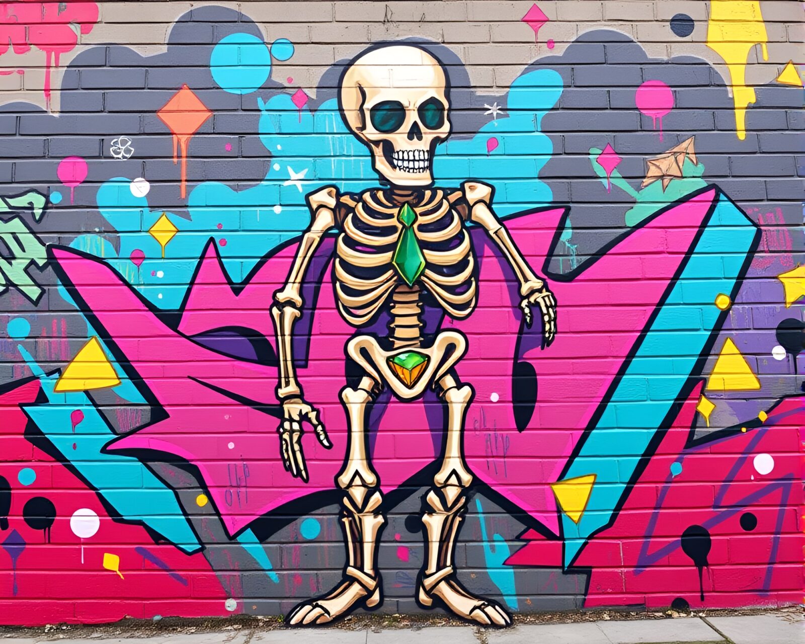 Colorful graffiti mural depicting a cartoon exoskeleton suit in jewel tones