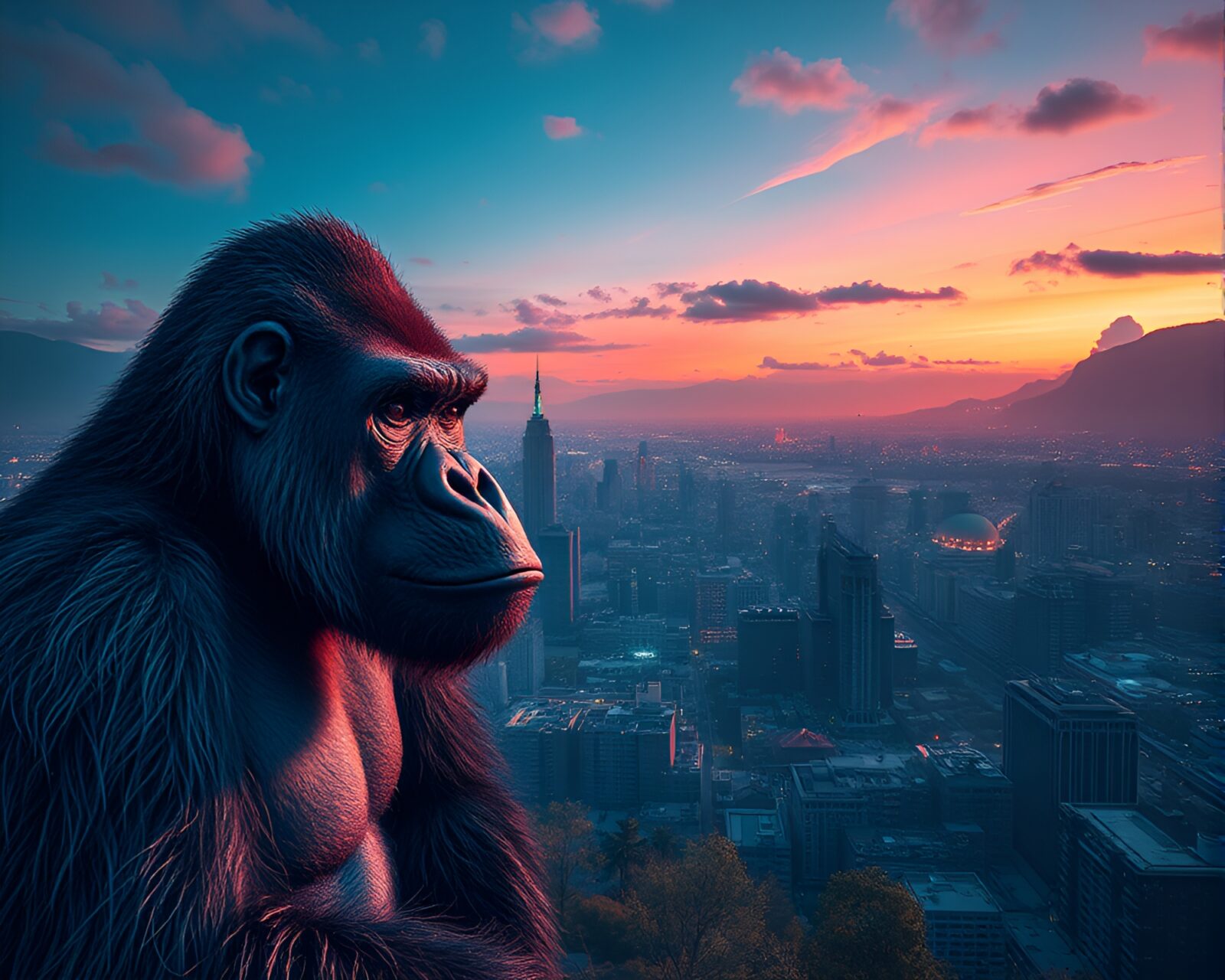 A panoramic view of a grunge style gorilla with holographic shine