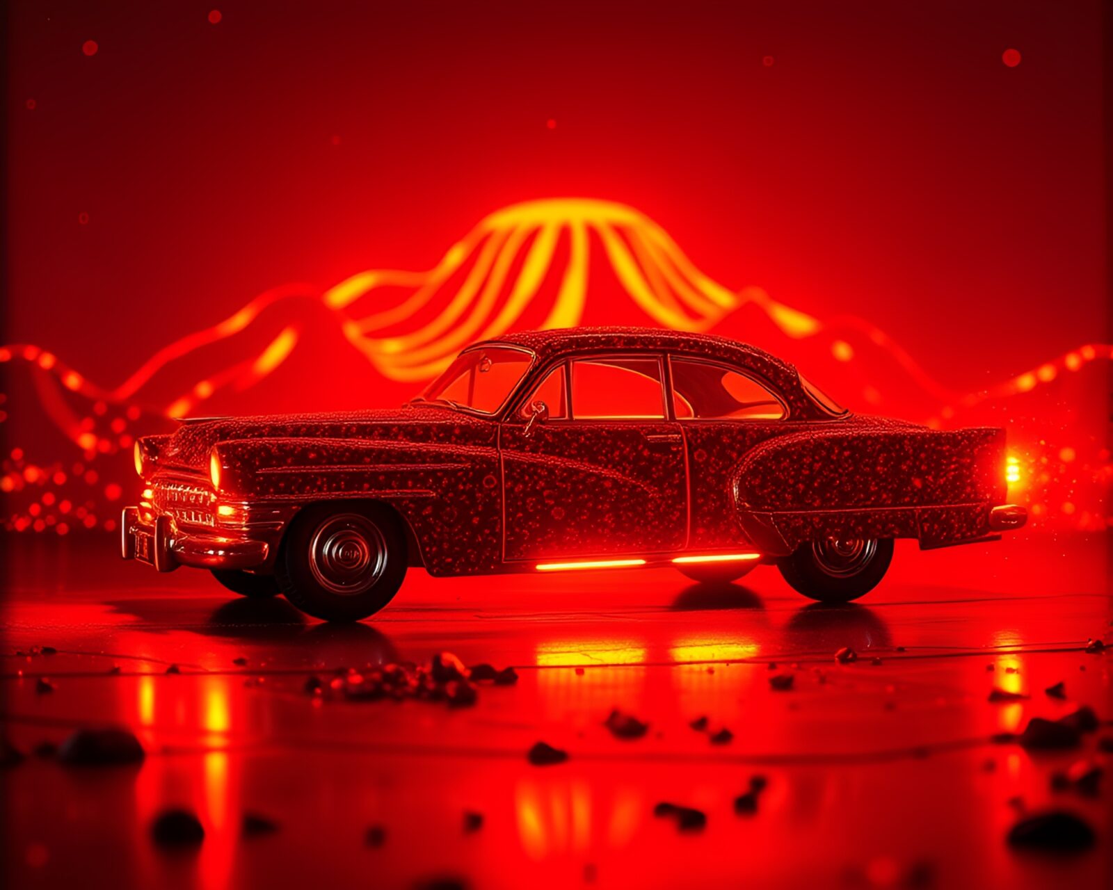 Sleek vintage car with red glow and futuristic HUD