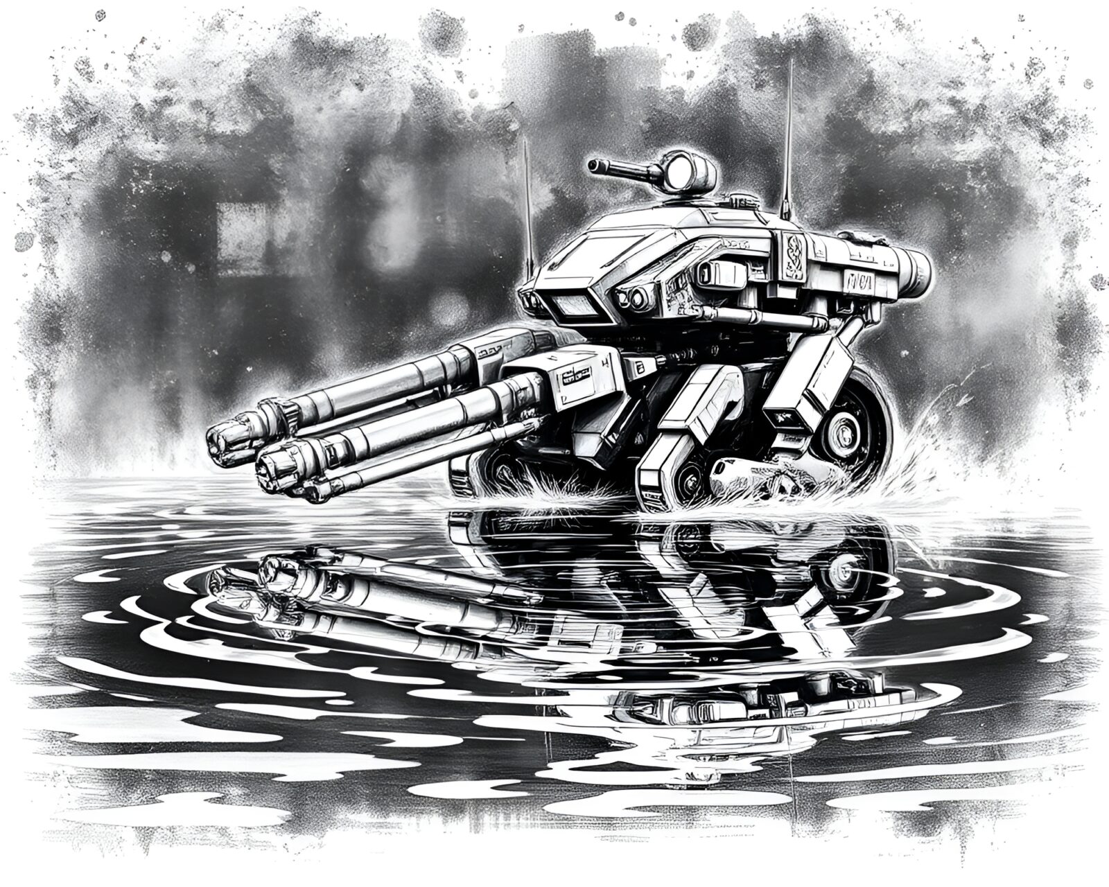 Chalk-drawn battle mech reflected in noir water ripples