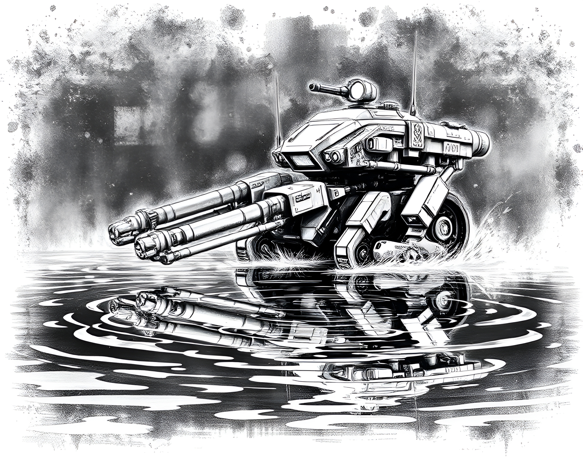 Noir Battle Mech Reflecting in Water Ripples – free AI stock image
