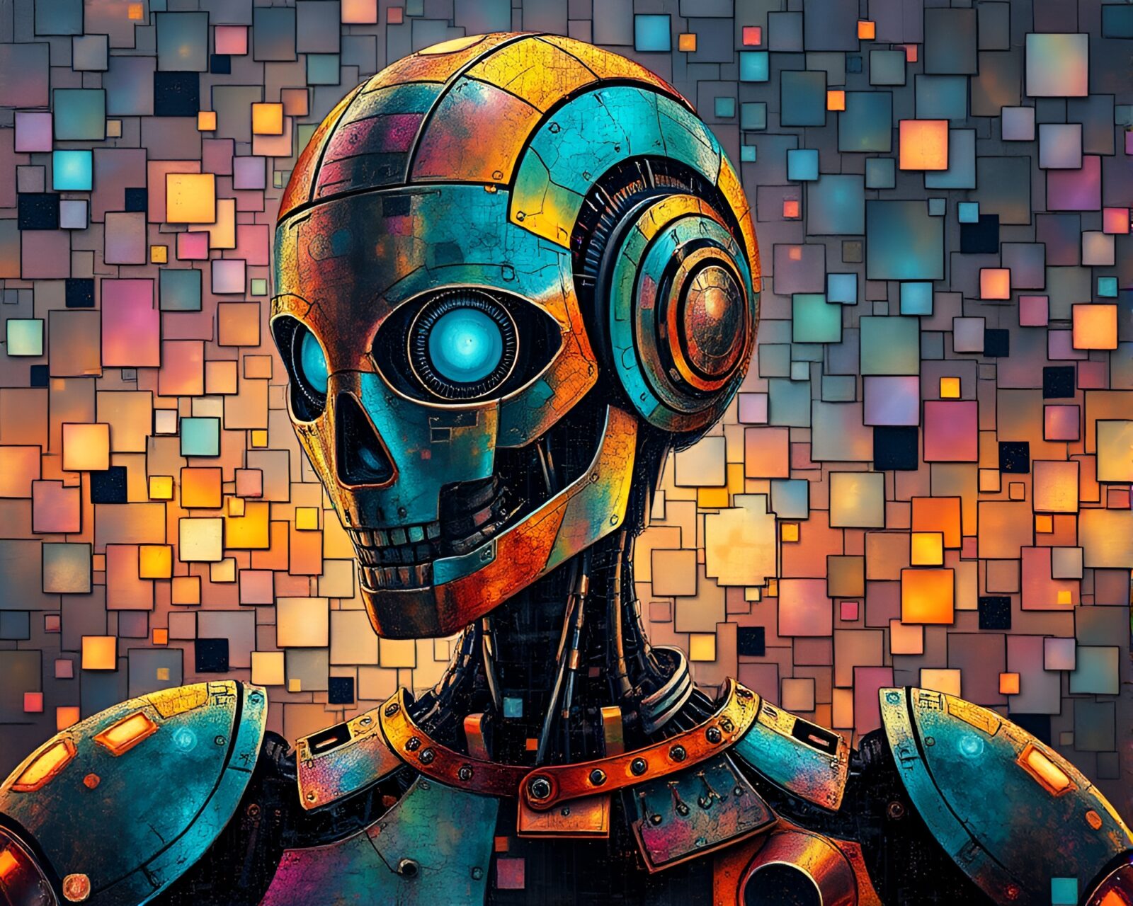 Ethereal hues illuminate intricate steampunk robot mosaic art