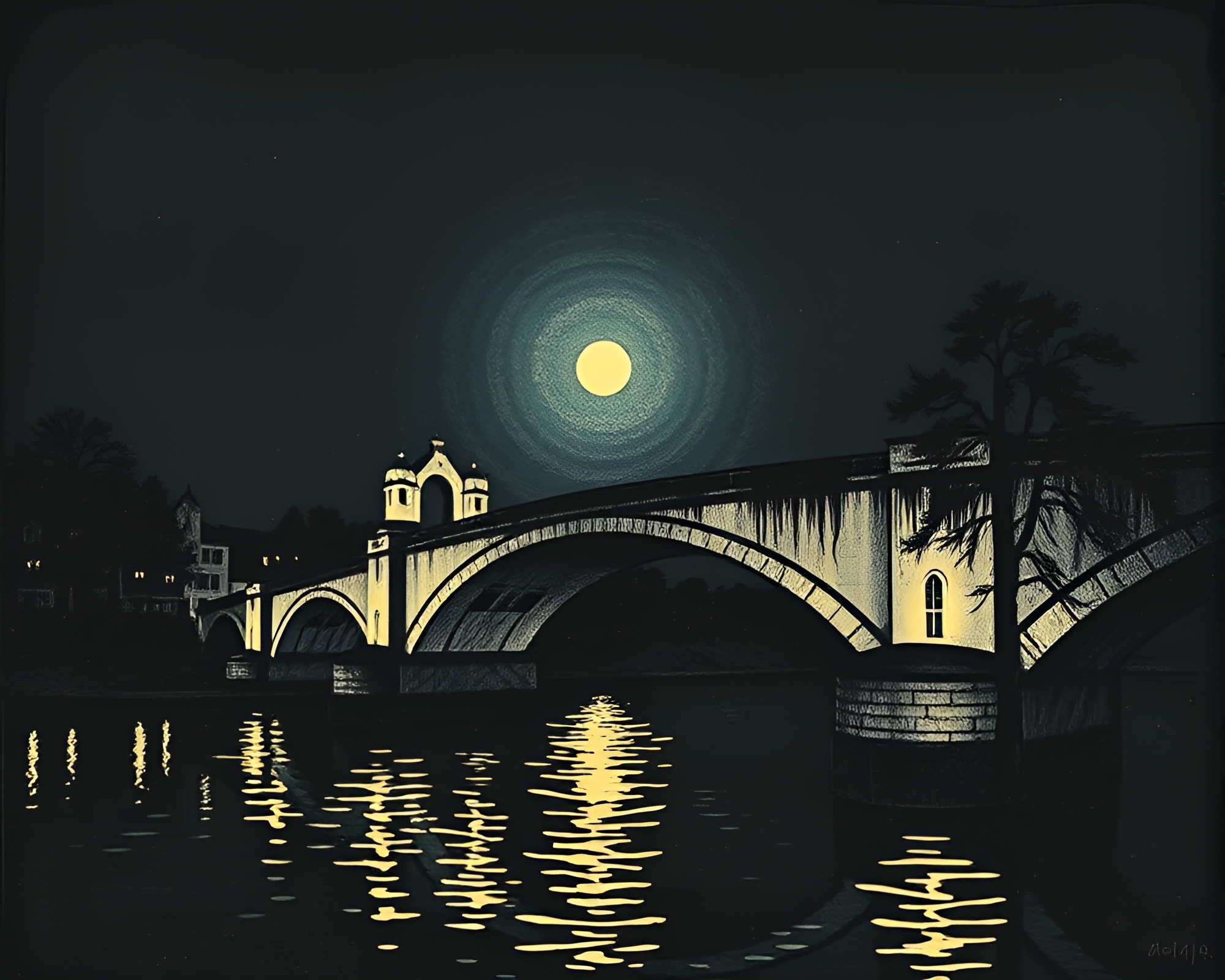 Moonlit Arch Bridge Woodblock Print in Selective Color – free AI stock image
