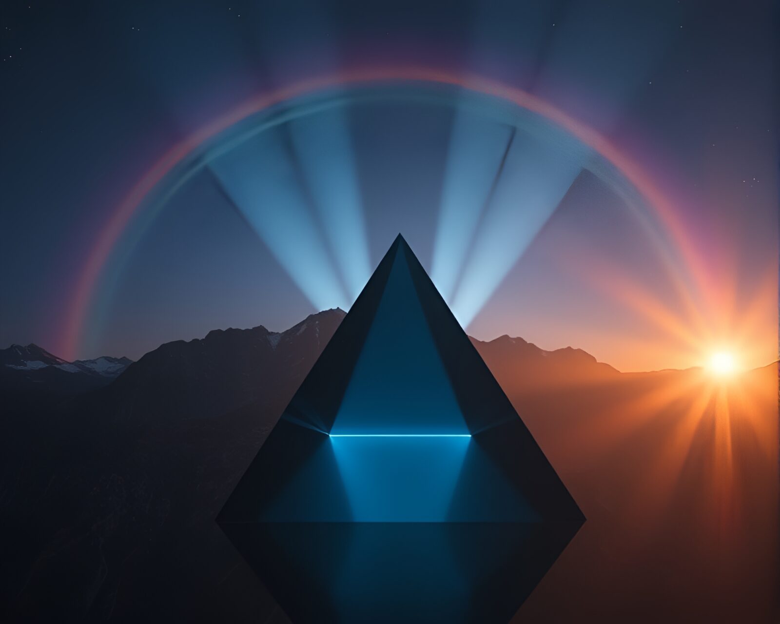 Colorful light bending through crystal on isolated flatland at dusk