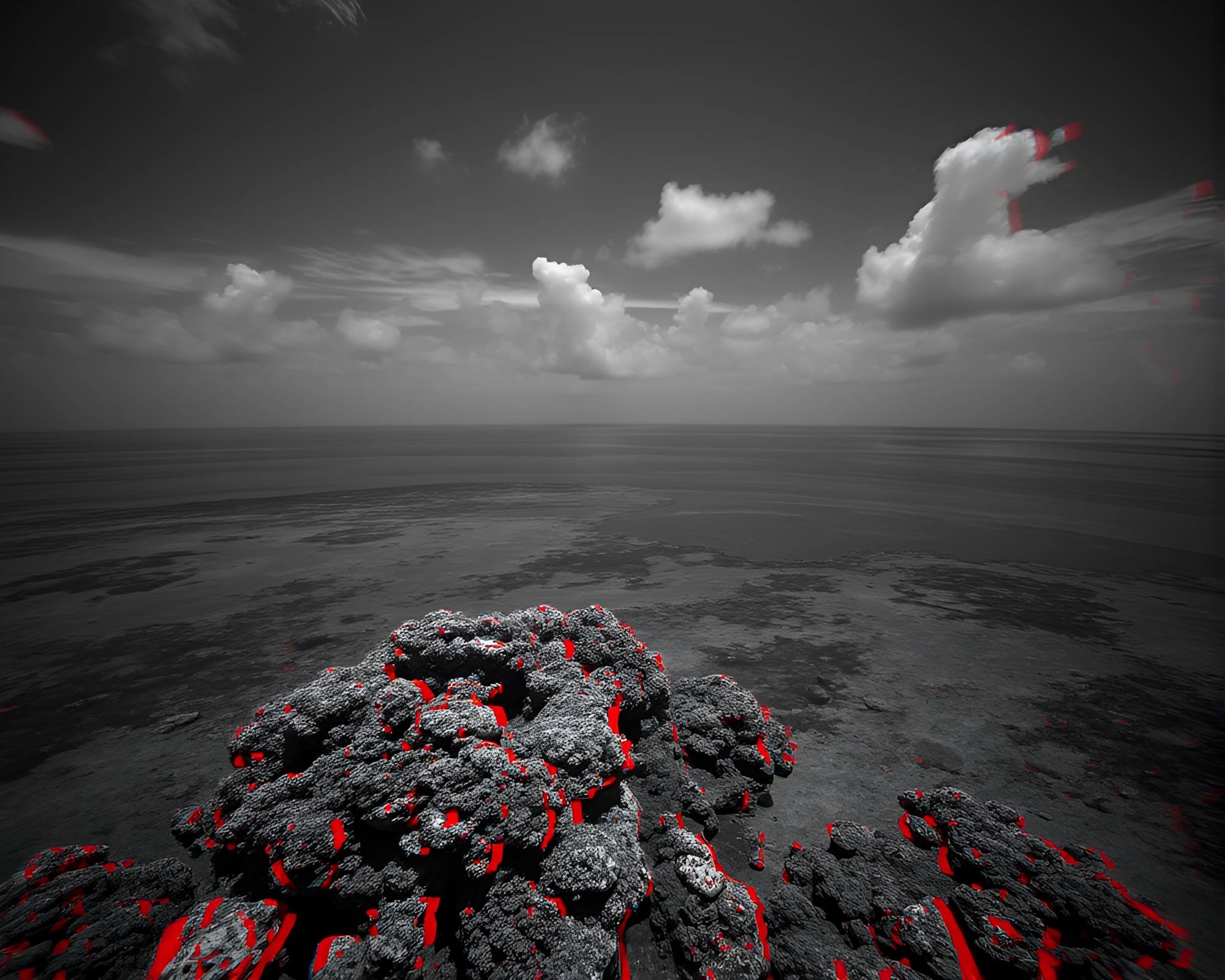 Glitch Artifacts in Monochrome Red Coral Atoll – free AI stock image