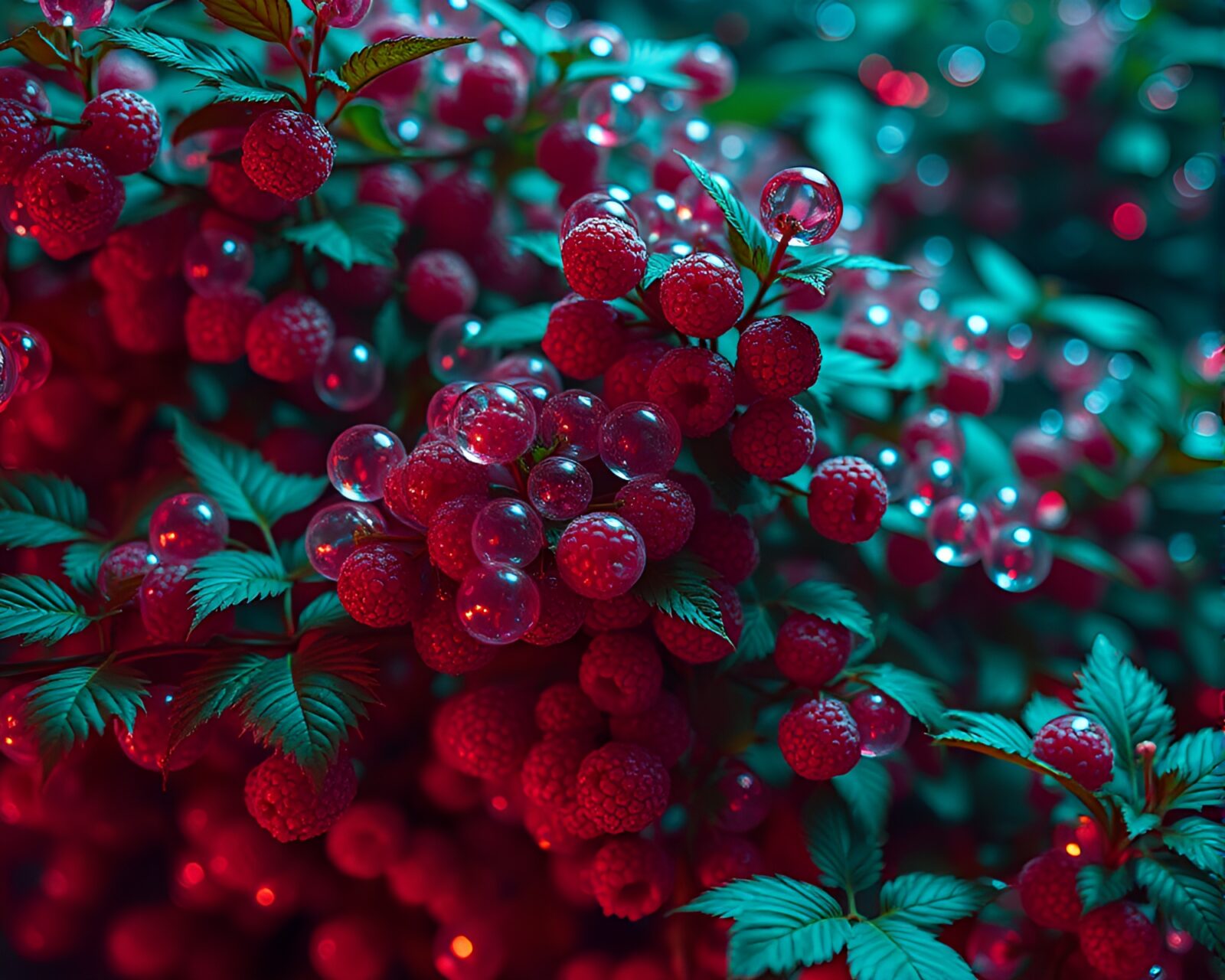 Vibrant neon glow of raspberry bushes in digital cityscape