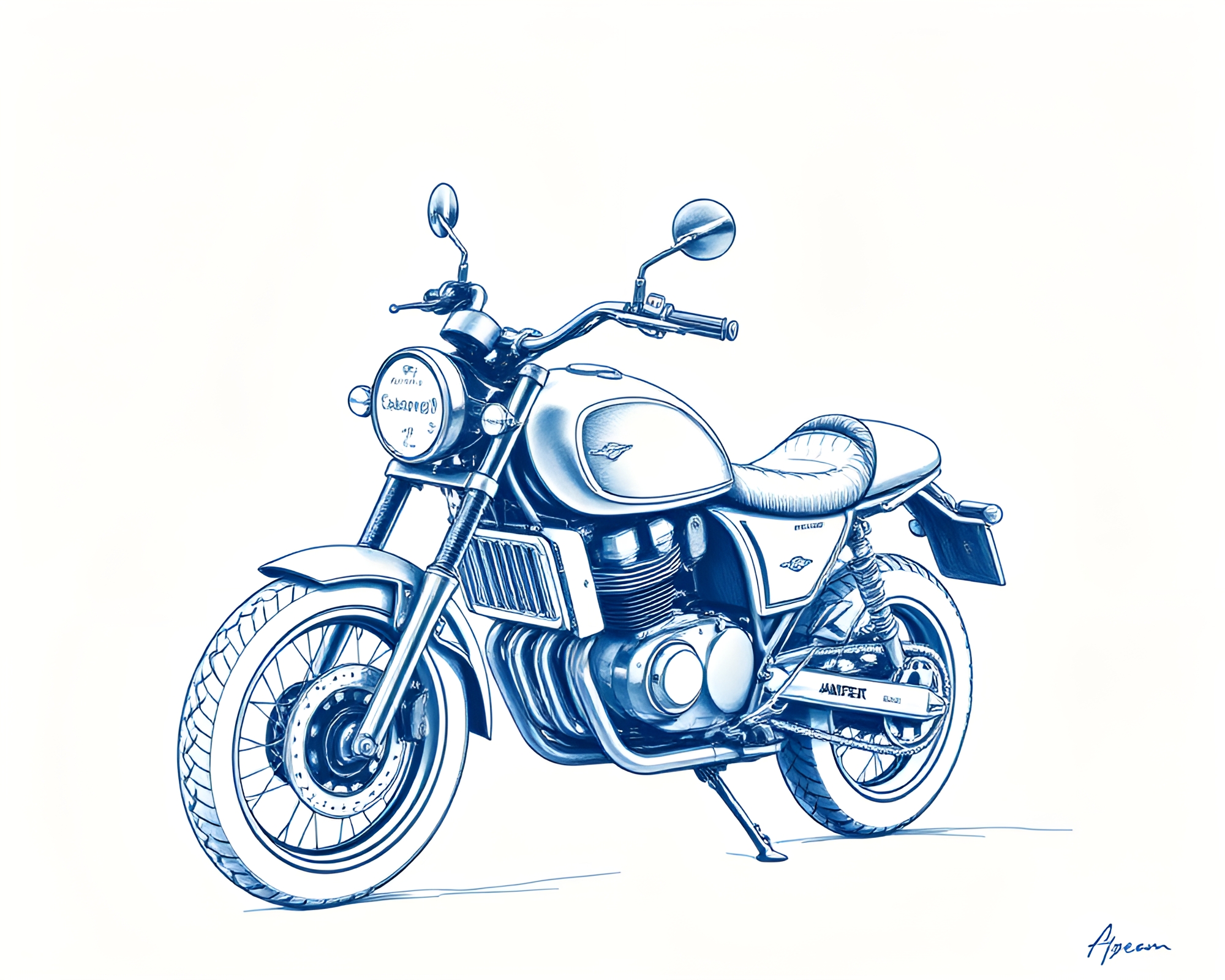 Neon Motorcycle Sketch with Monochrome Blue Dots – free AI stock image