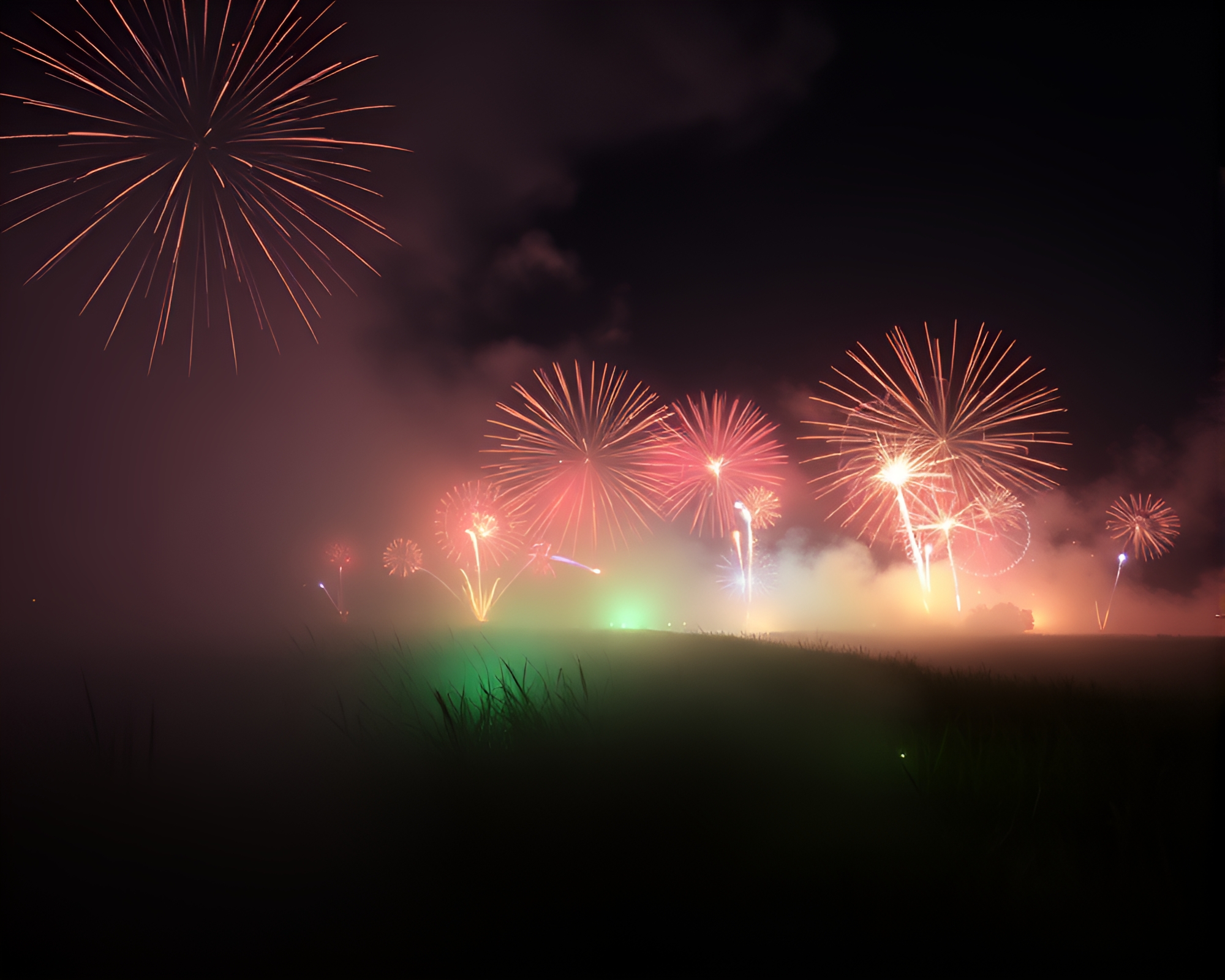 Savannah Grassland Festival: Fireworks Illuminating Foggy Night – free AI stock image