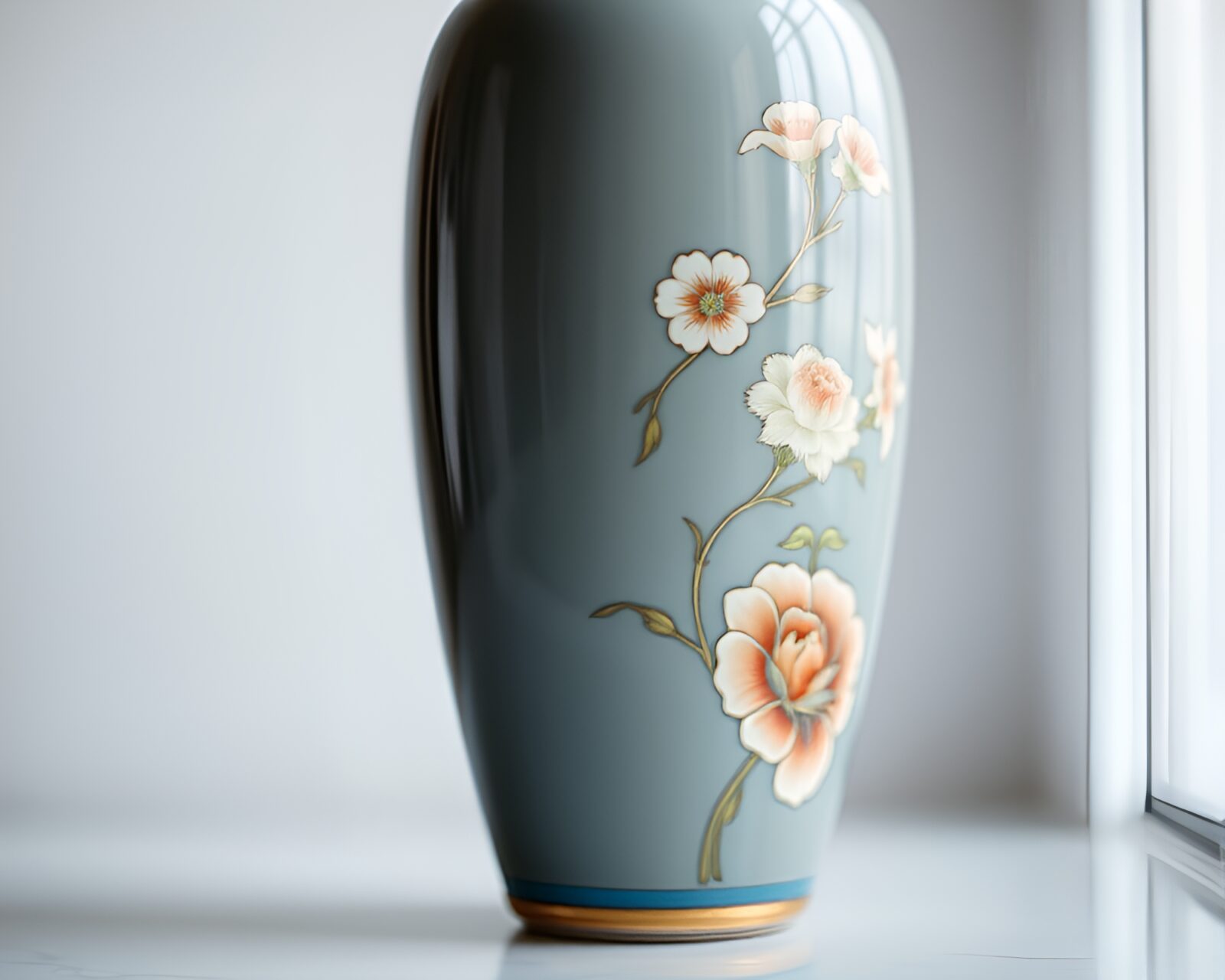 Minimalist composition of a Cloisonné vase in soft lighting