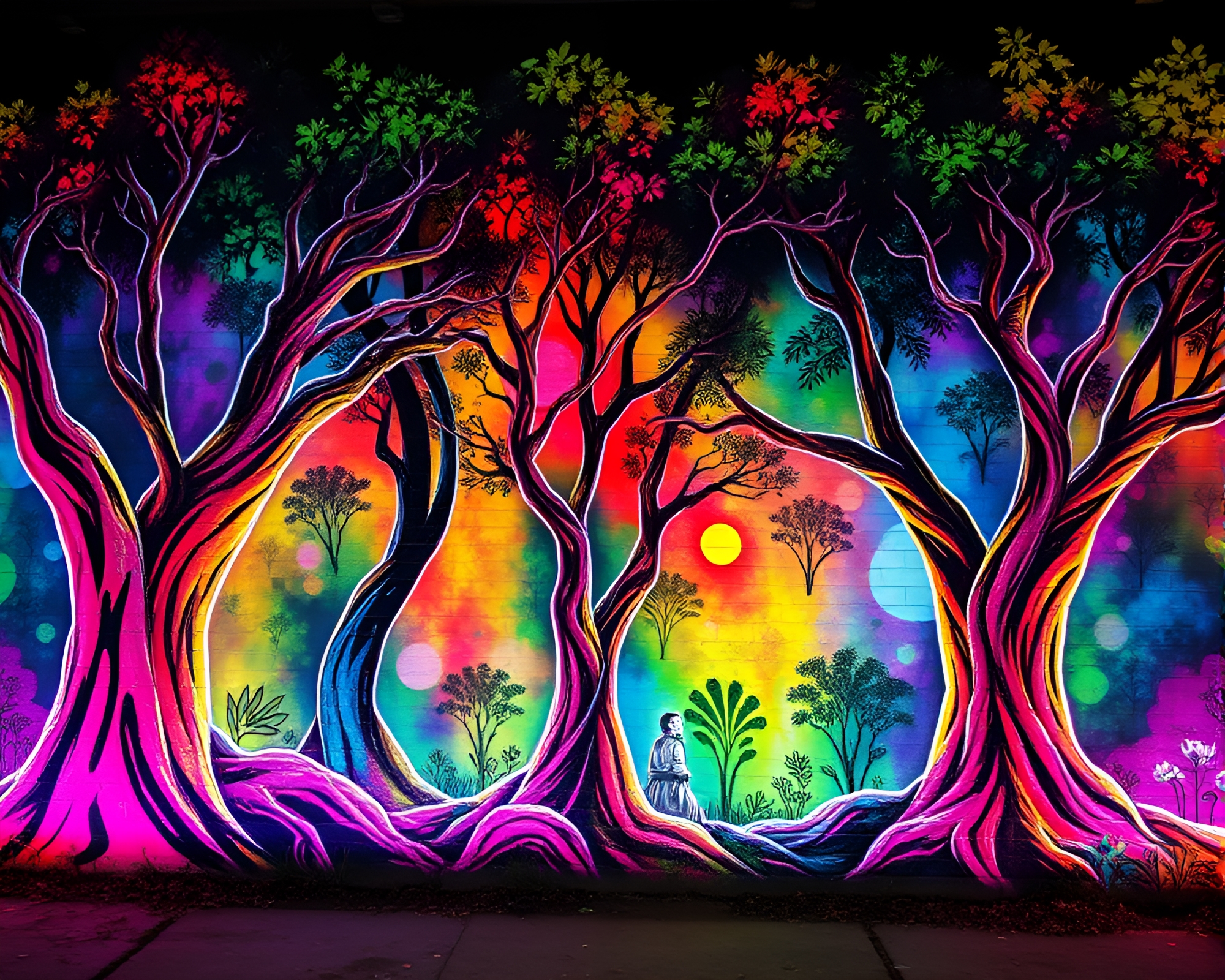 Ancient Grove Illuminated by Fluorescent Graffiti – free AI stock image