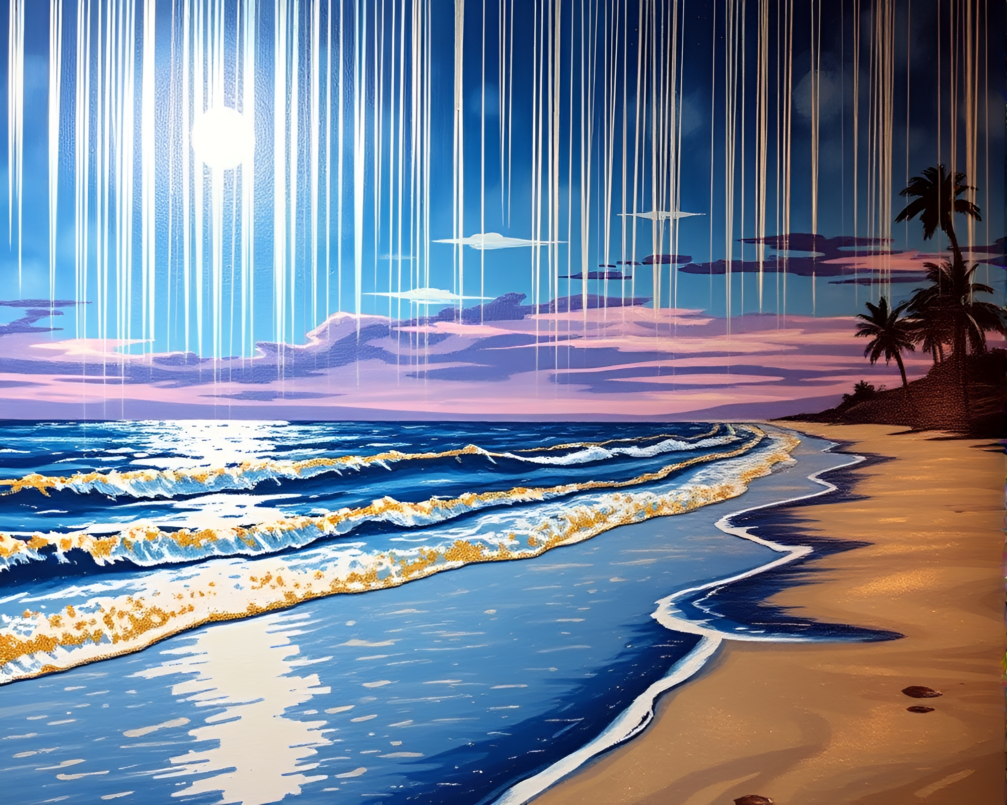 Majestic Foil-Stamped Beach Mural with Light Streaks – free AI stock image