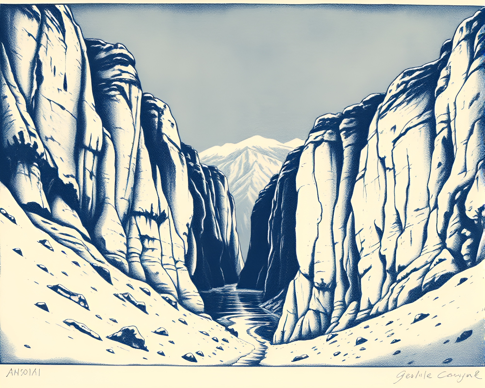 Serene Canyon Etching in Monochrome Blue Woodblock Print – free AI stock image