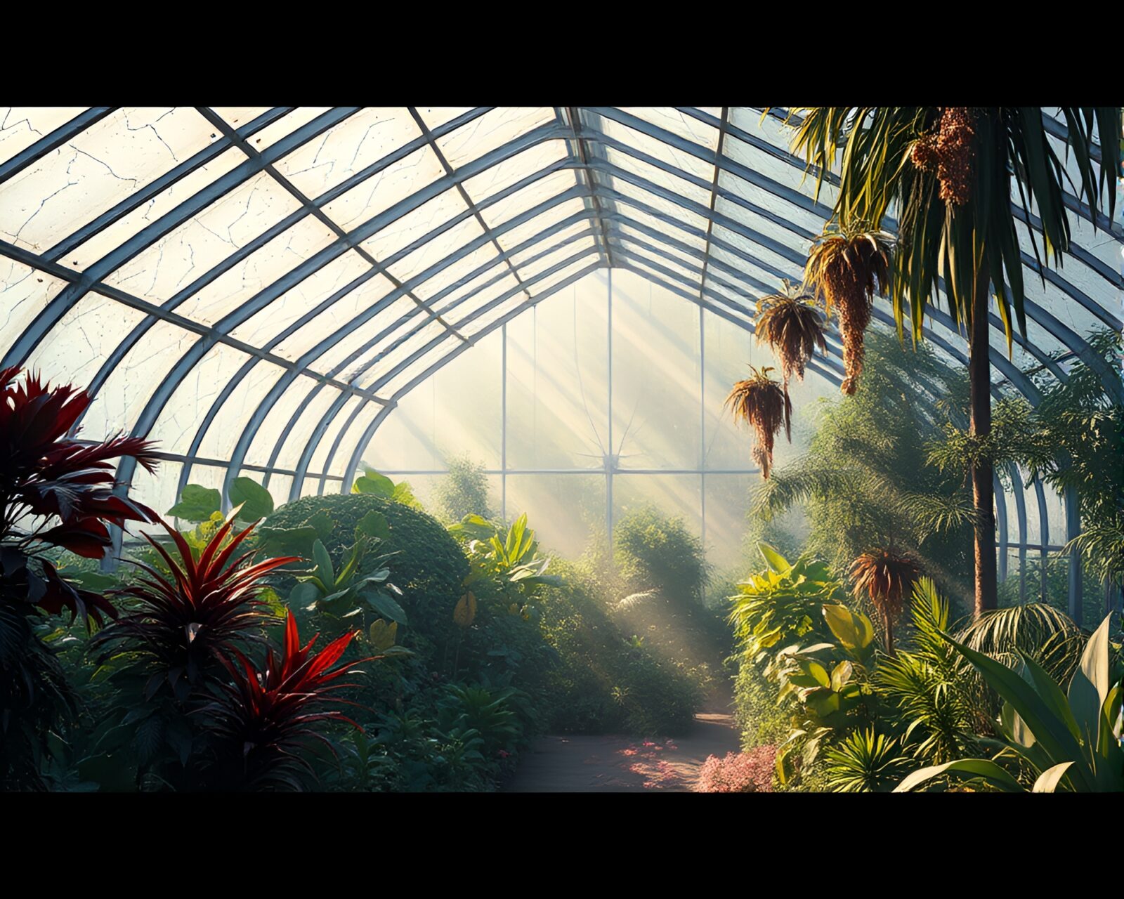 Vibrant glass greenhouse with striking scratch textures under ambient occlusion lighting