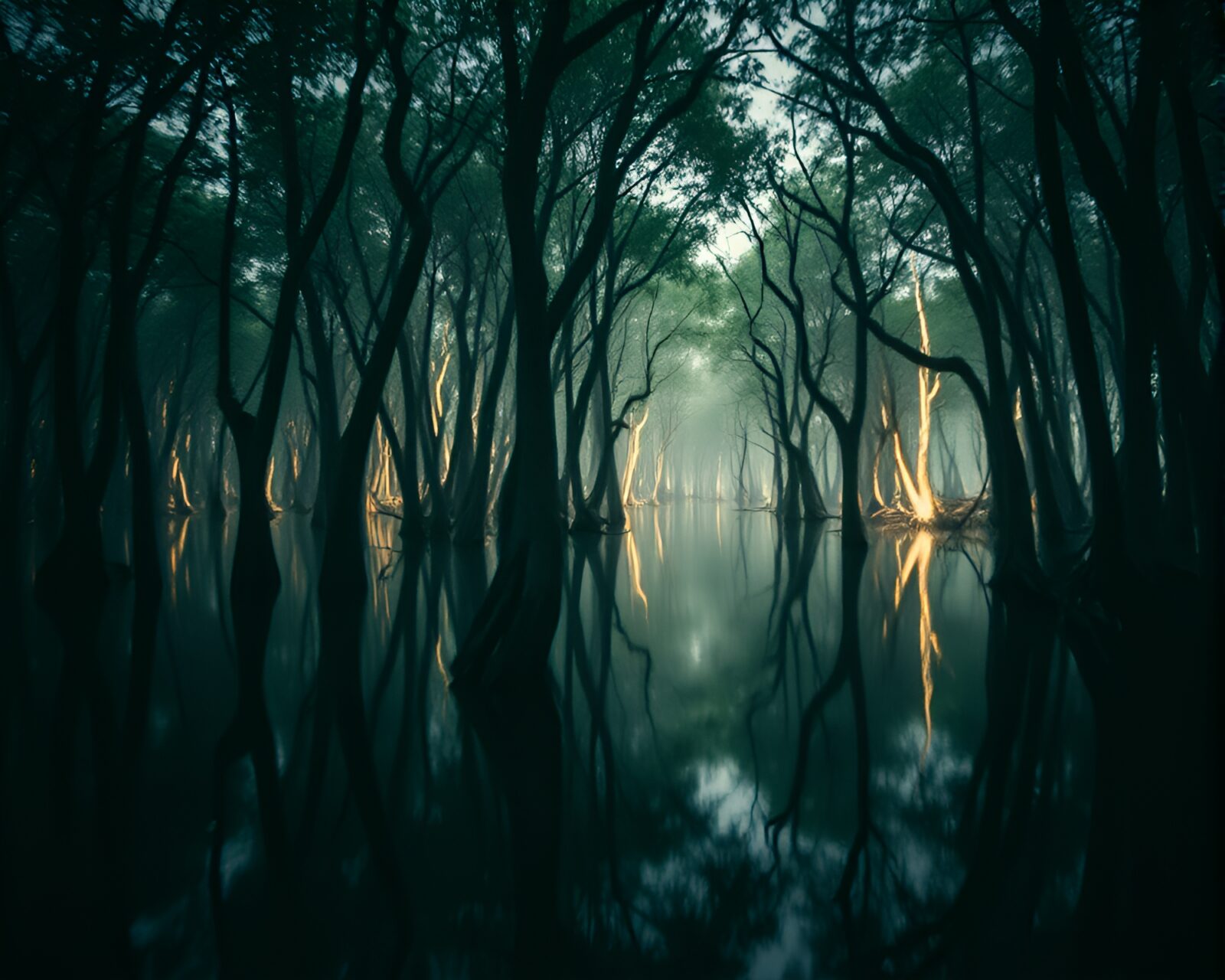 Eerie mangrove swamp with film burn effects