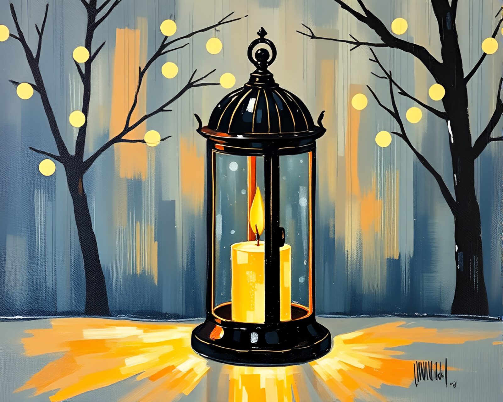Encaustic painting of a barcode stripe lantern in candlelit glow