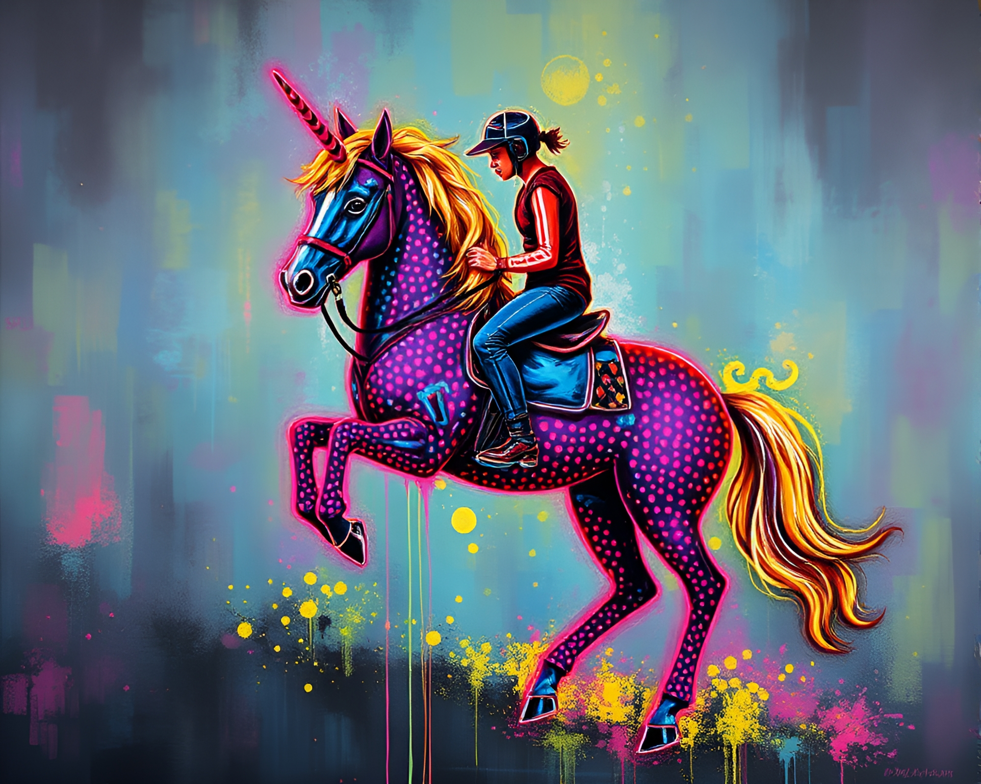 Neon Graffiti Centaur in Pointillist Underpainting – free AI stock image