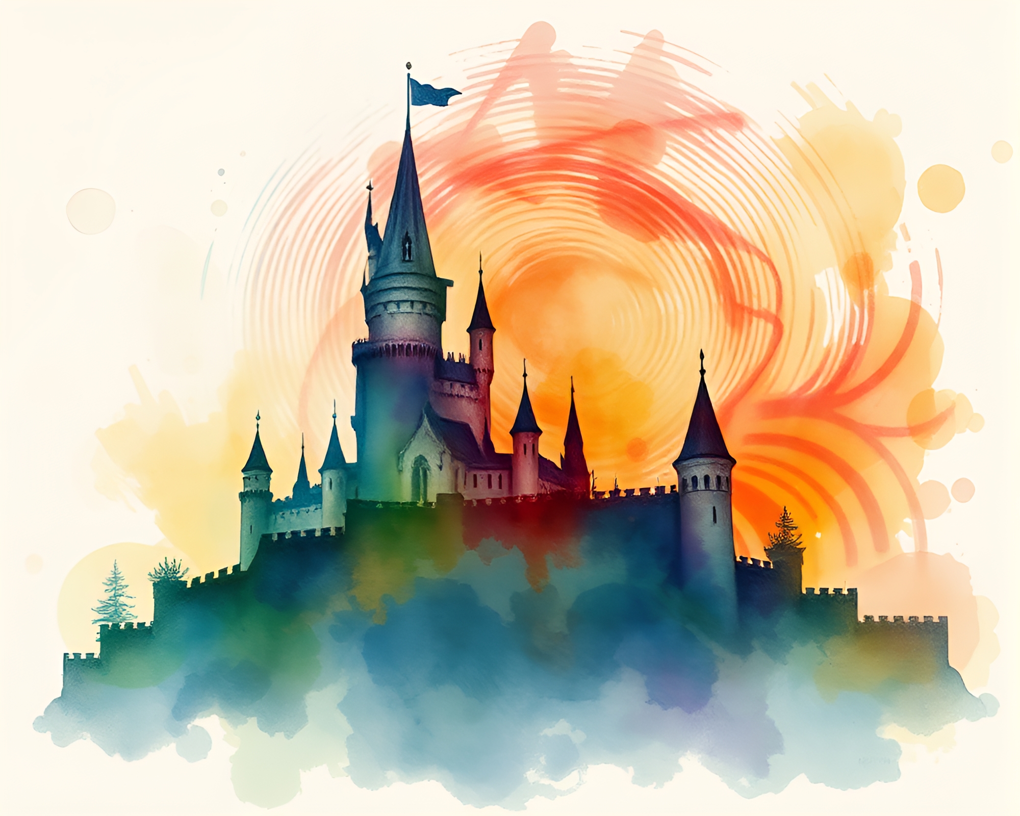 Enchanting Watercolor Castle with Fingerprint Swirl – free AI stock image