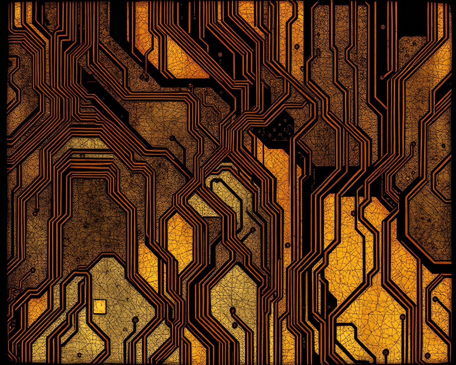 Intricate circuit board traces in volcanic ash light