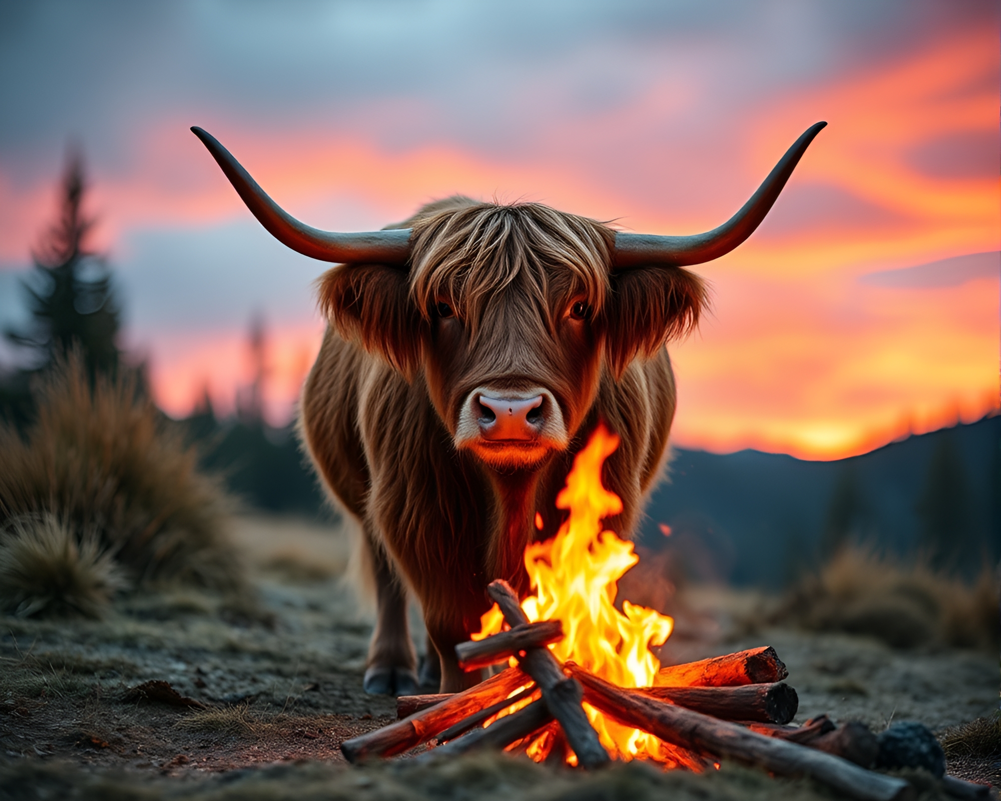 Vibrant Highland Cow by Cozy Bonfire – free AI stock image