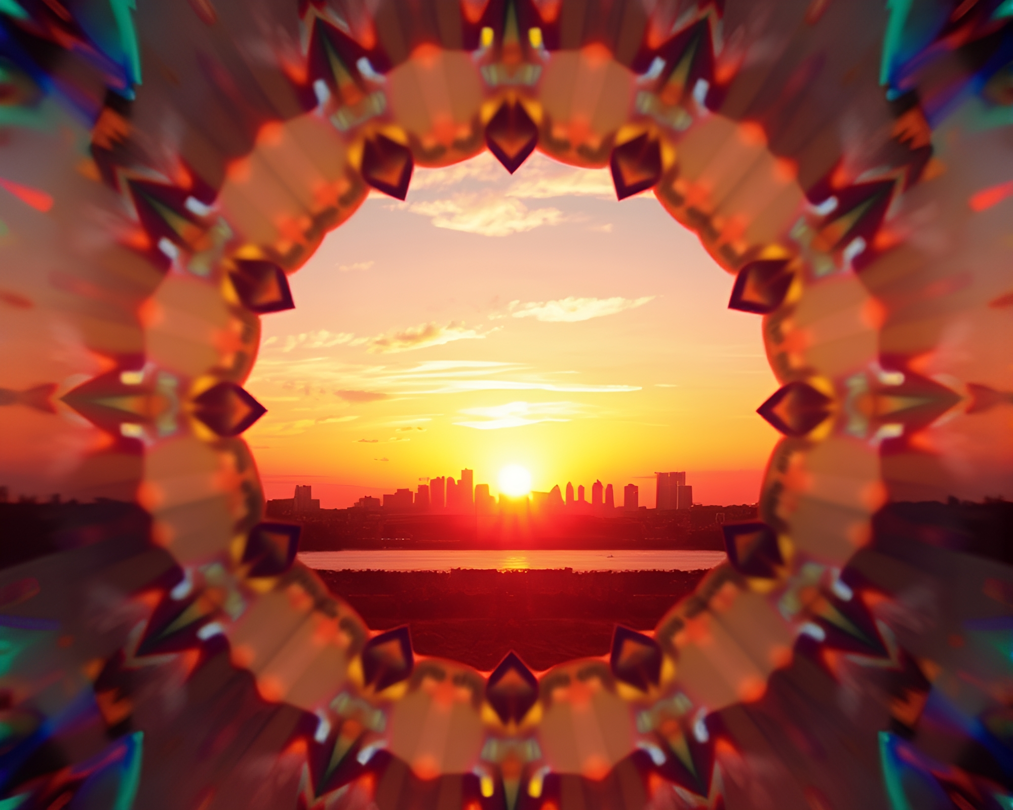 Vibrant Skyline Sunset in Kaleidoscope Material Design – free AI stock image