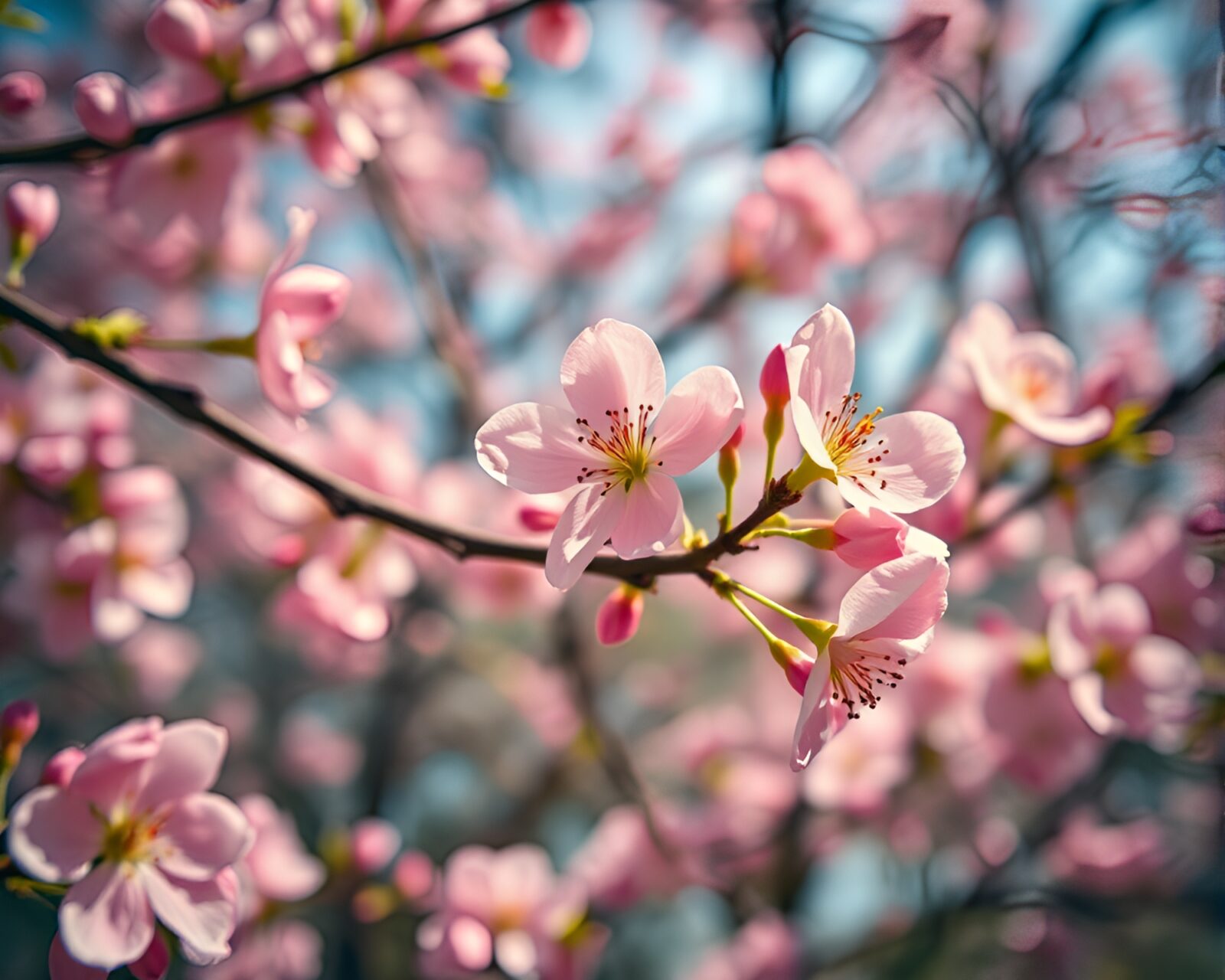 Wide-angle view of blooming cherry blossoms in spotlight duochrome