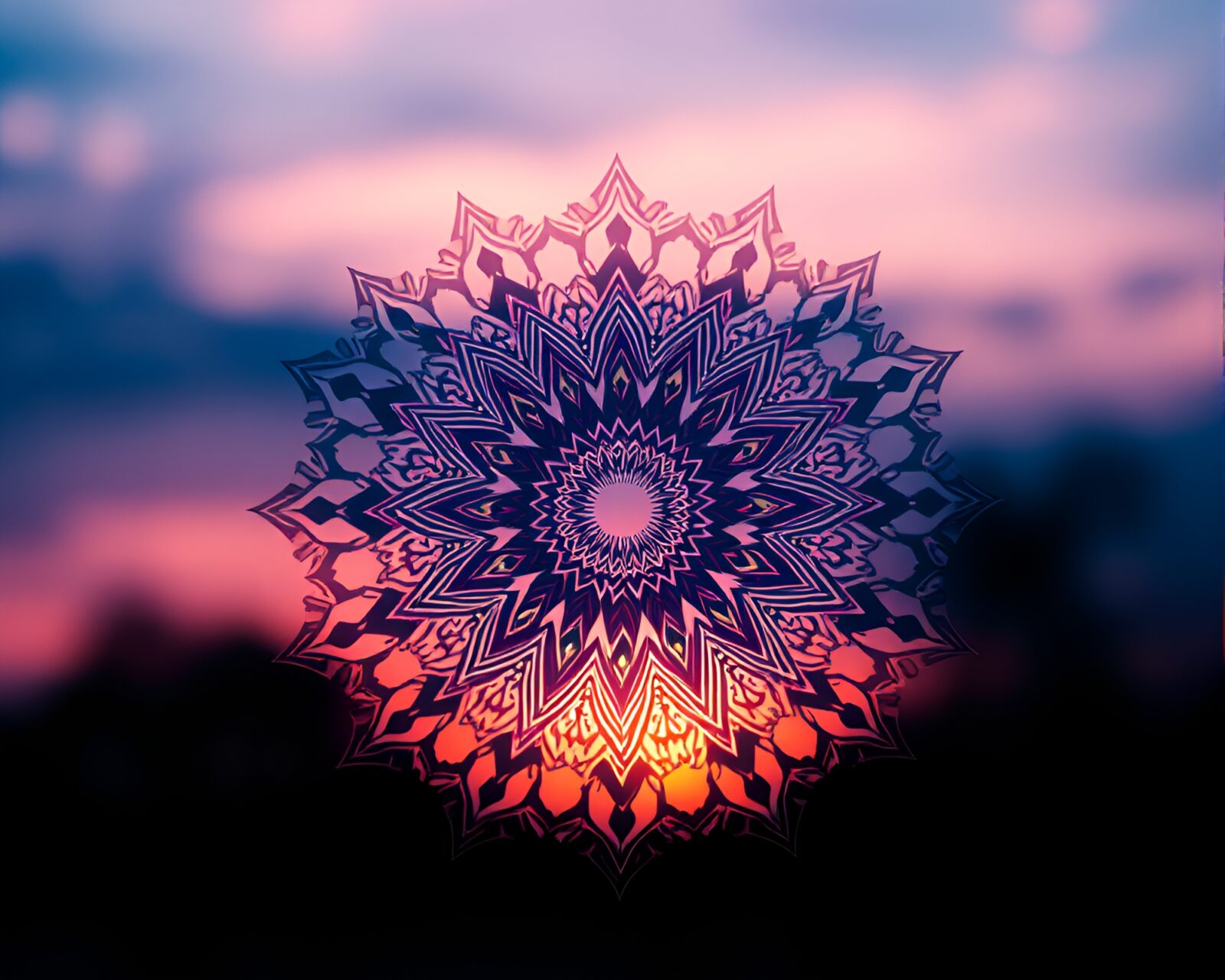Mandala motif in focus against soft pastel sky