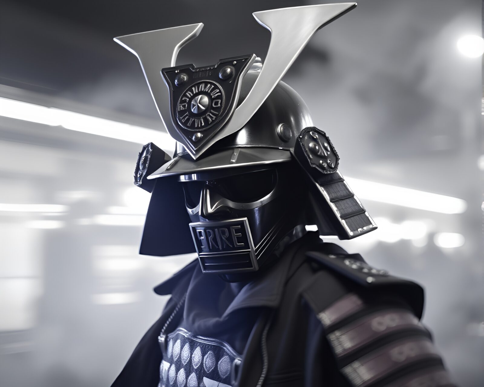Selective color photo of samurai warrior with motion blur.