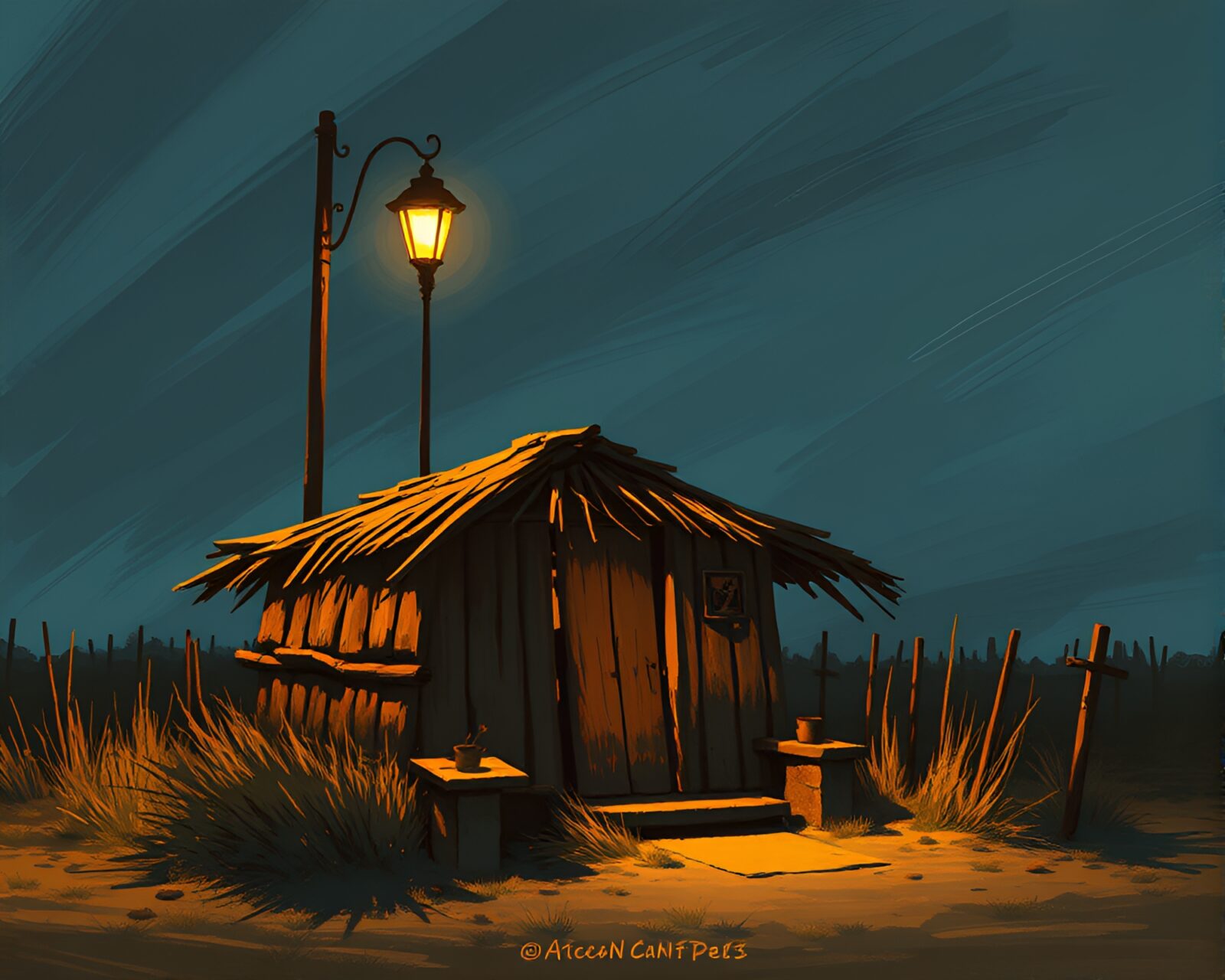 90s grunge style mud hut lit by streetlamp