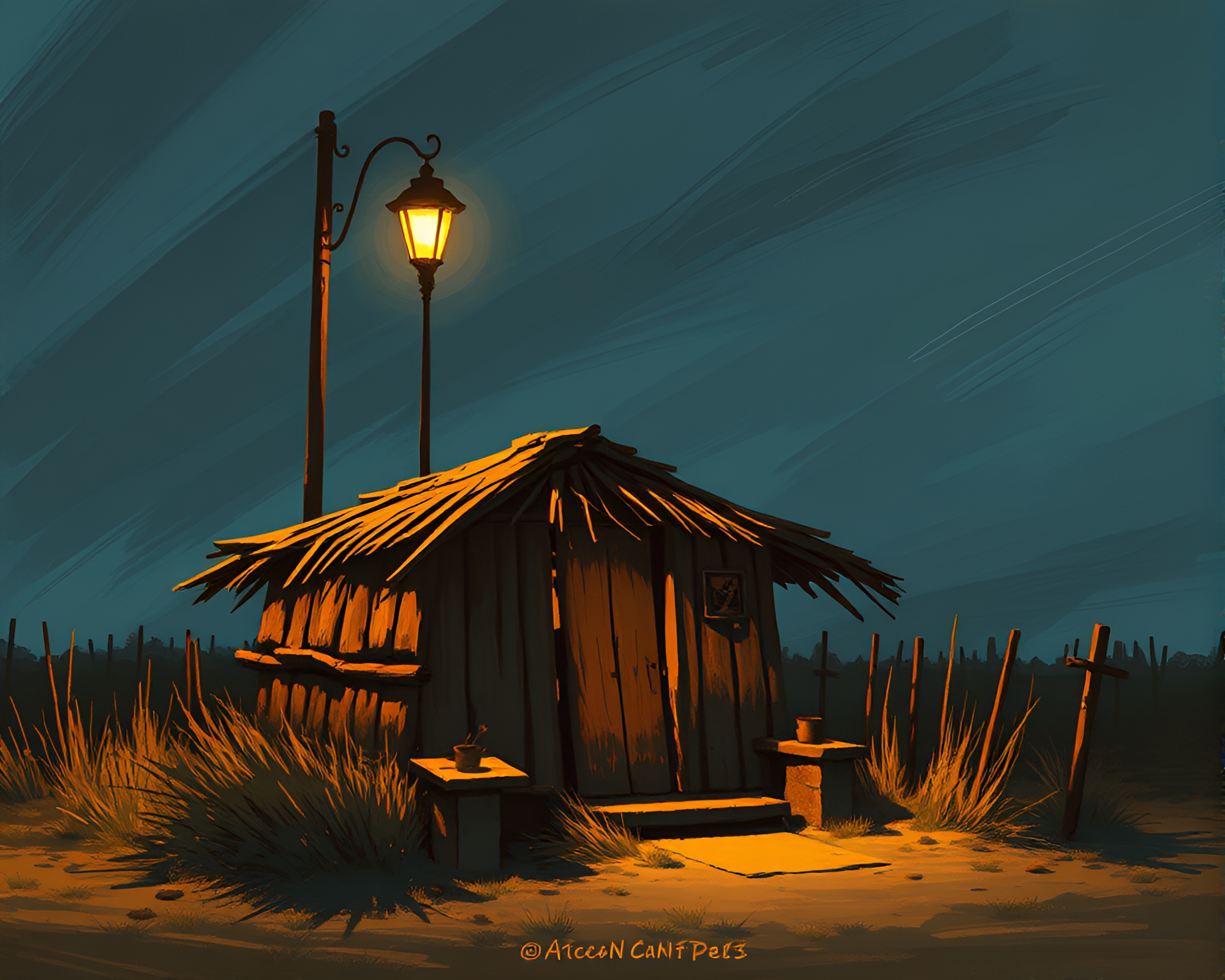 Mud Hut Illuminated by Grunge Streetlamp Glow – free AI stock image
