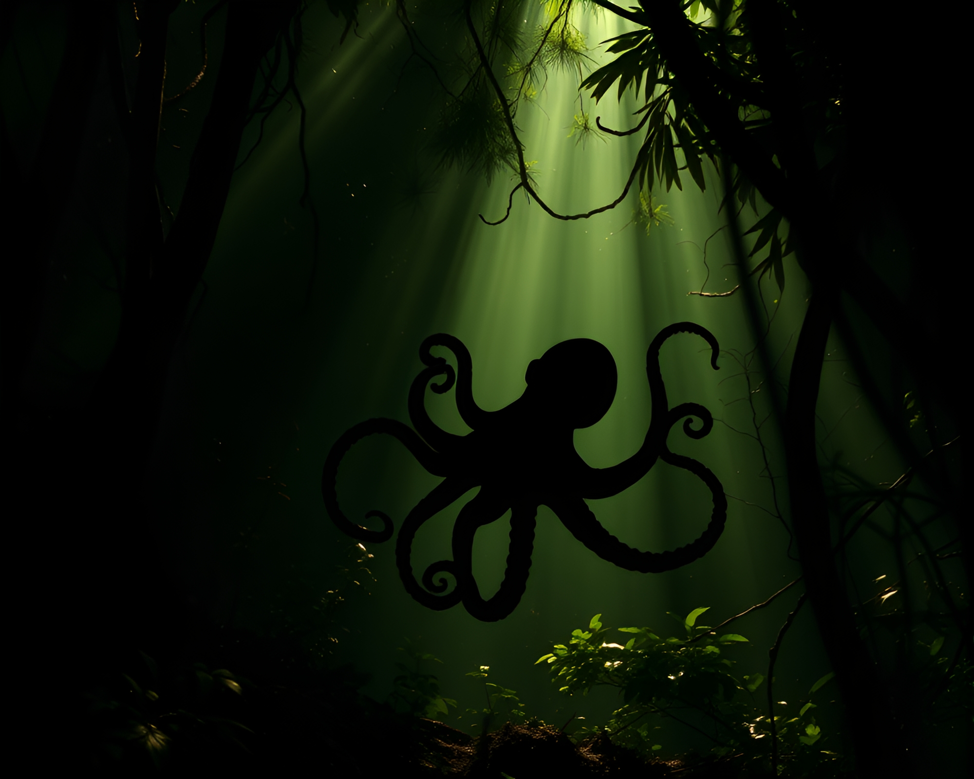 Mystical Octopus Shadow in Lush Green Rainforest – free AI stock image