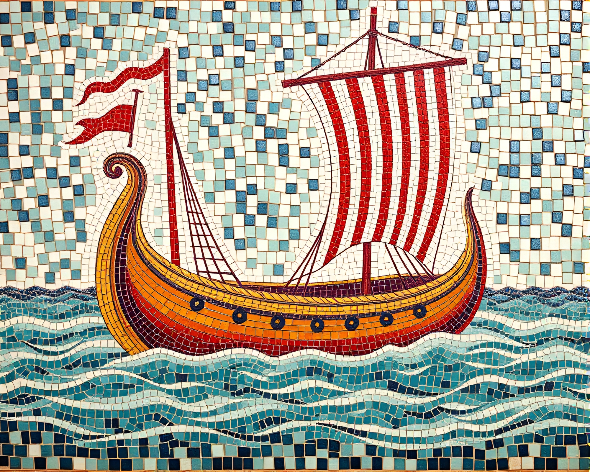 Viking Longship Tiled Mosaic Technical Illustration – free AI stock image