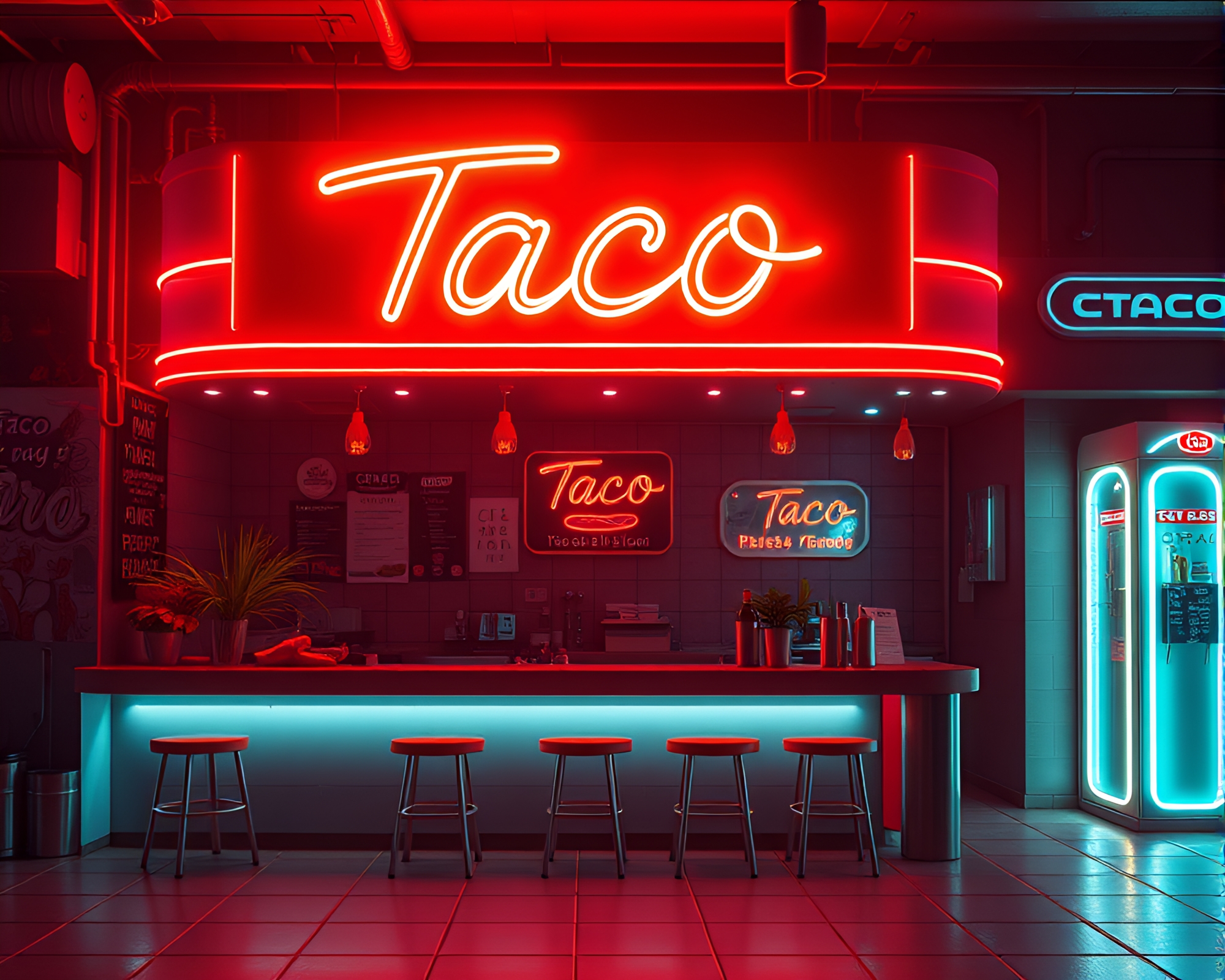 Futuristic Neon Taco Stand with Retro Vibes – free AI stock image