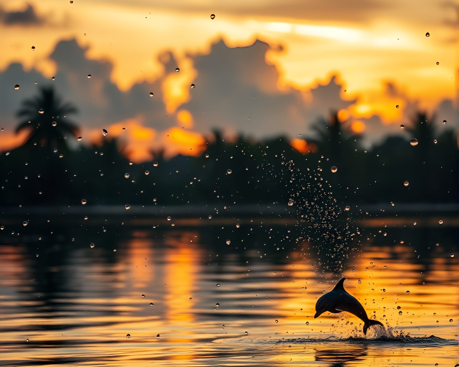 Dolphin gracefully swimming in rain droplets under vibrant sunset