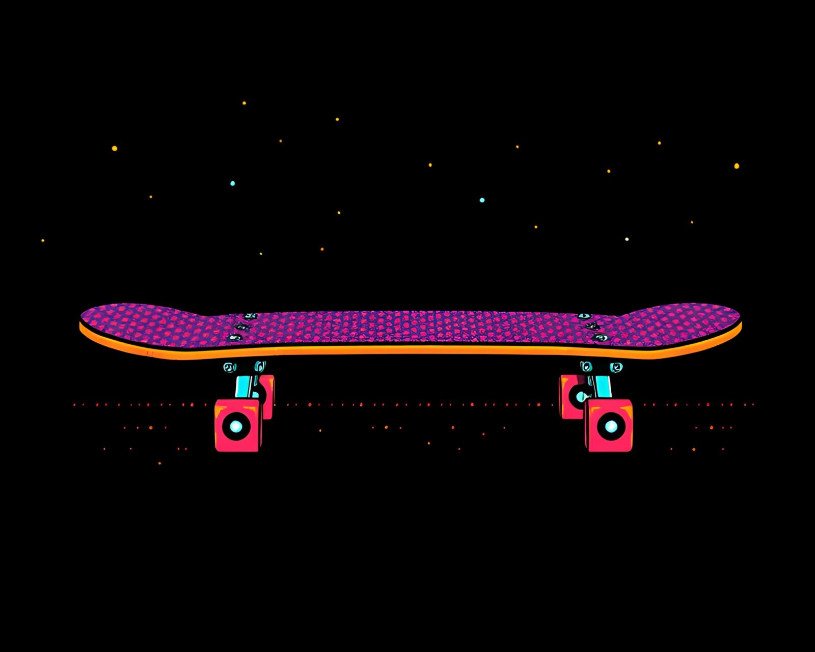 Retro skateboarder in glitchy 8-bit style surrounded by dots