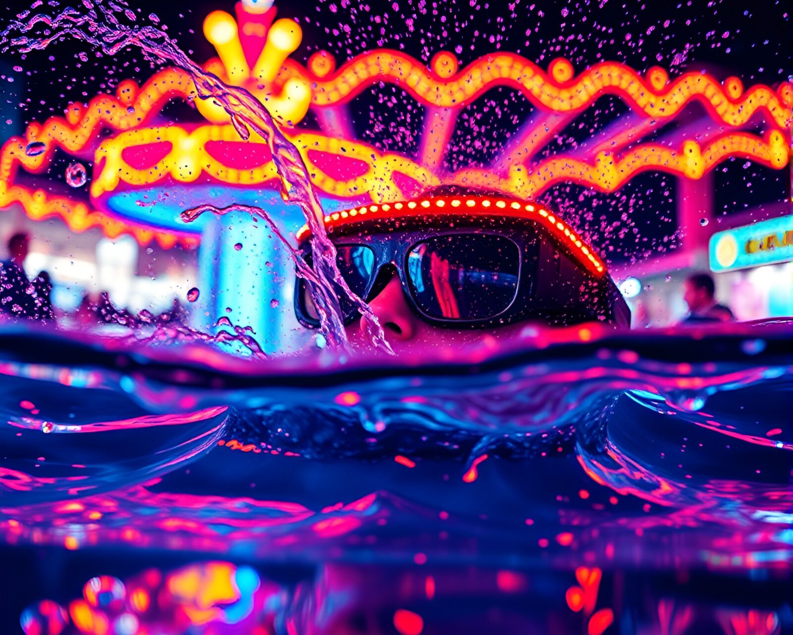 Colorful carnival lights surround a swirling water whirlpool