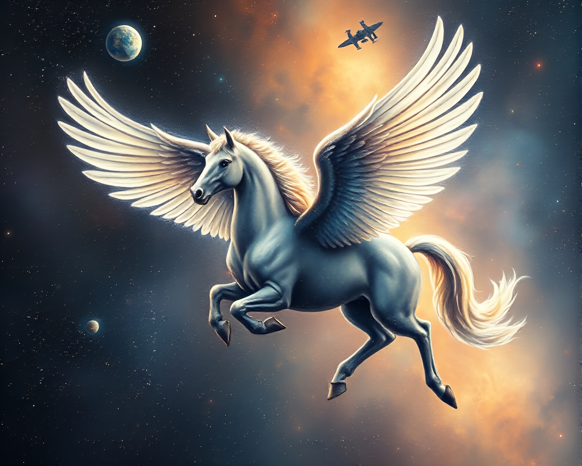 Planetary Pastel Pegasus in Digital Grain Overlay – free AI stock image
