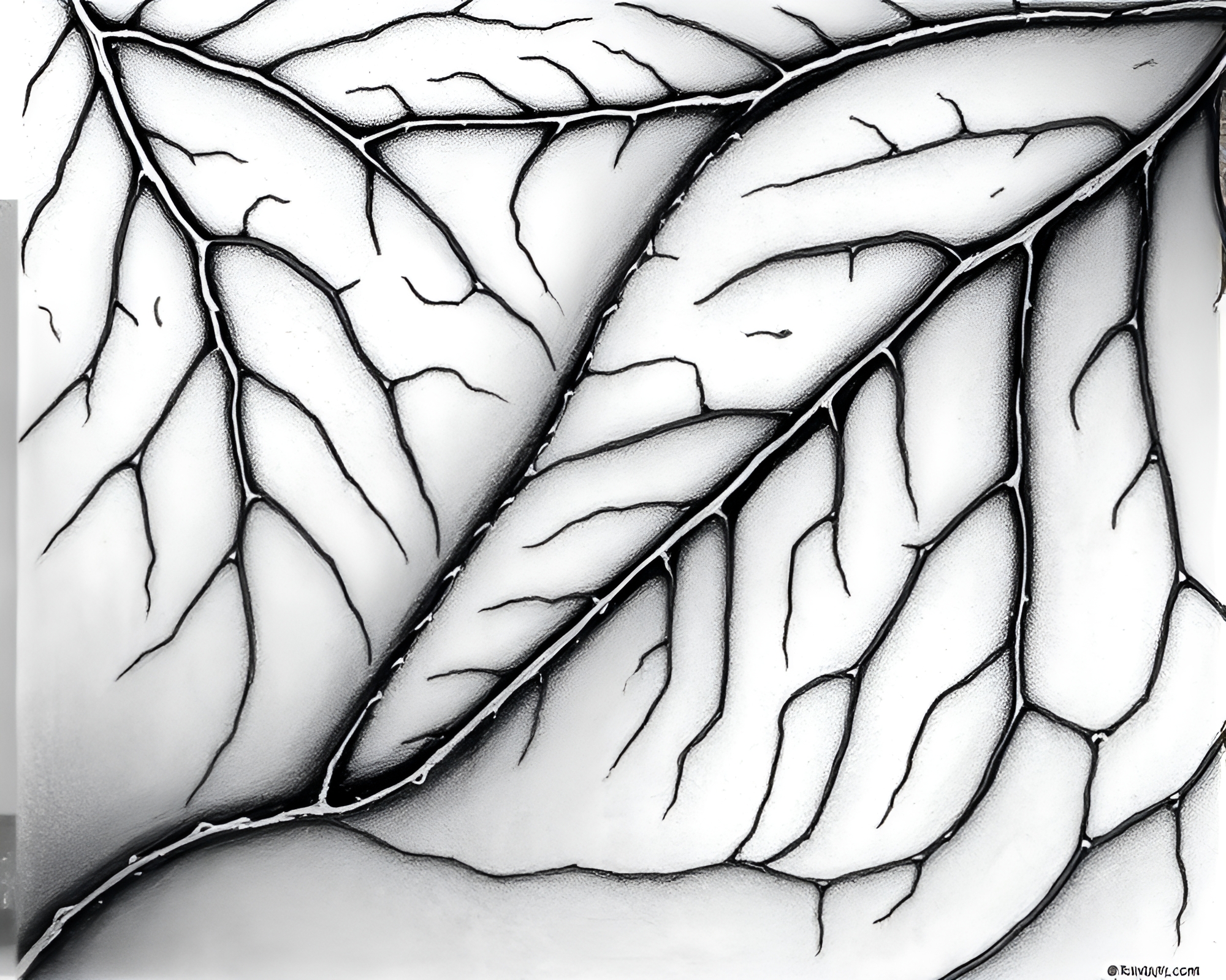 Snow-Kissed Leaf Vein Charcoal Sketch – free AI stock image