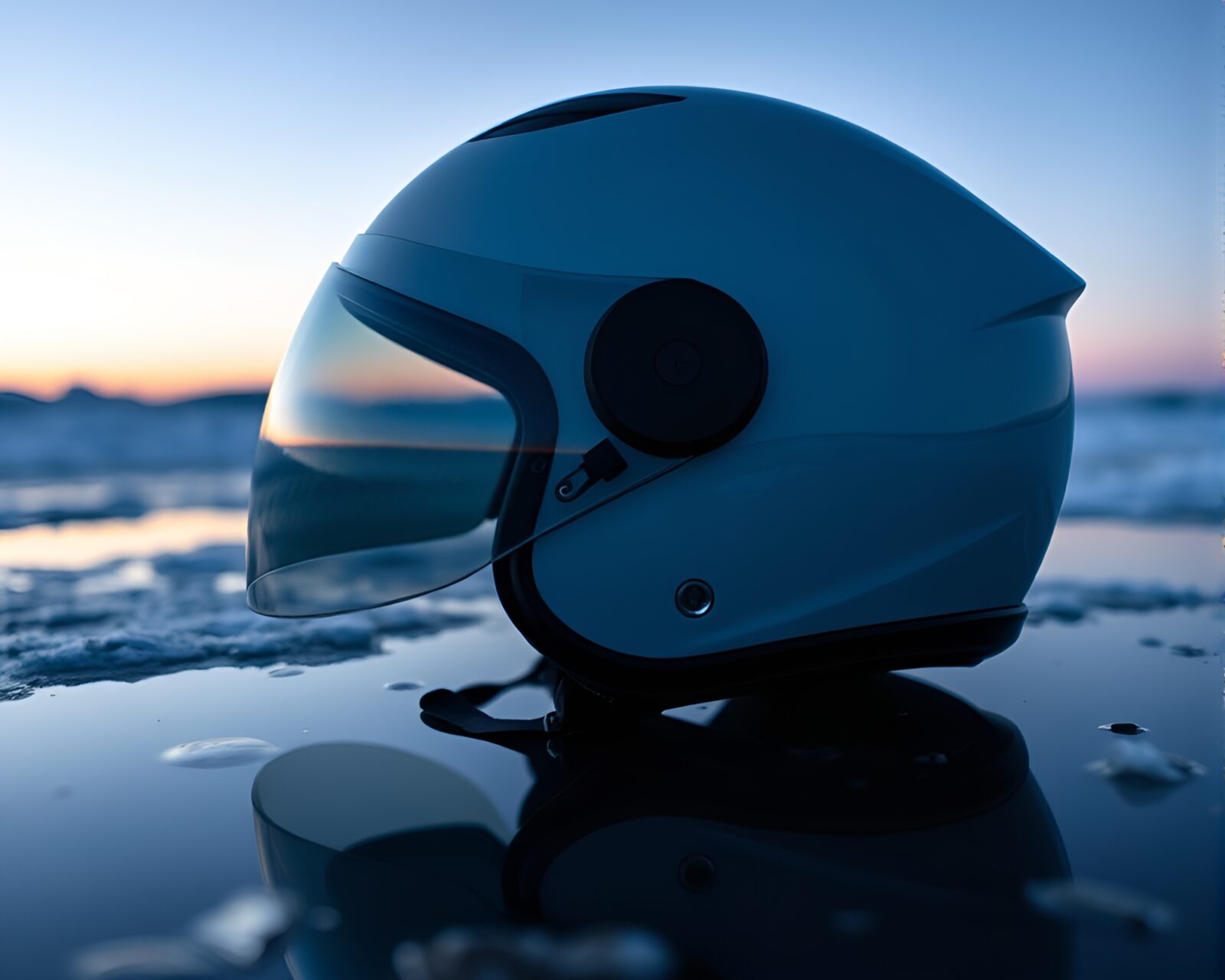 Gradient mesh style art of helmet reflection in twilight puddle