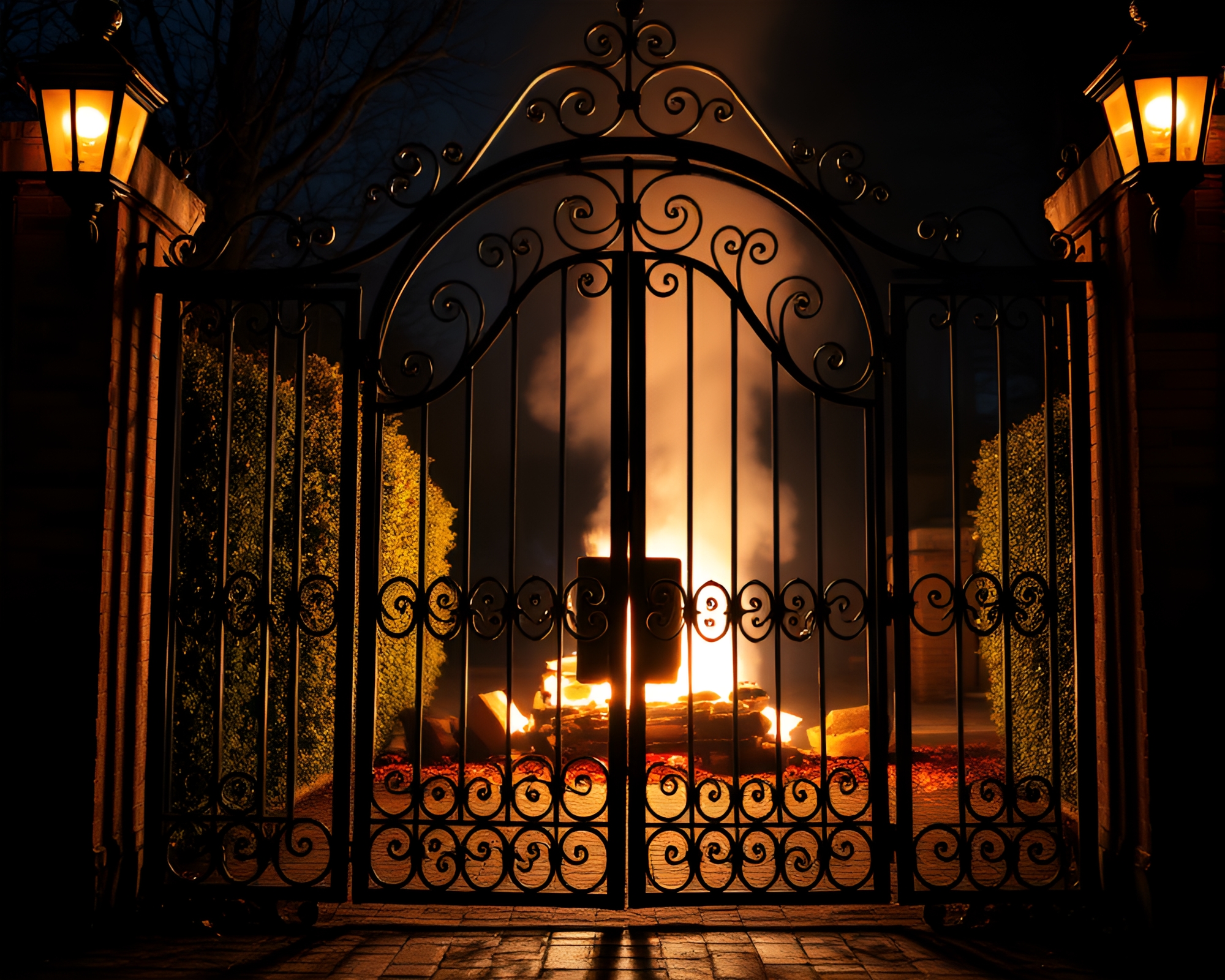 Lens-Distorted Wrought Iron Gate Illuminated by LED Bonfire – free AI stock image