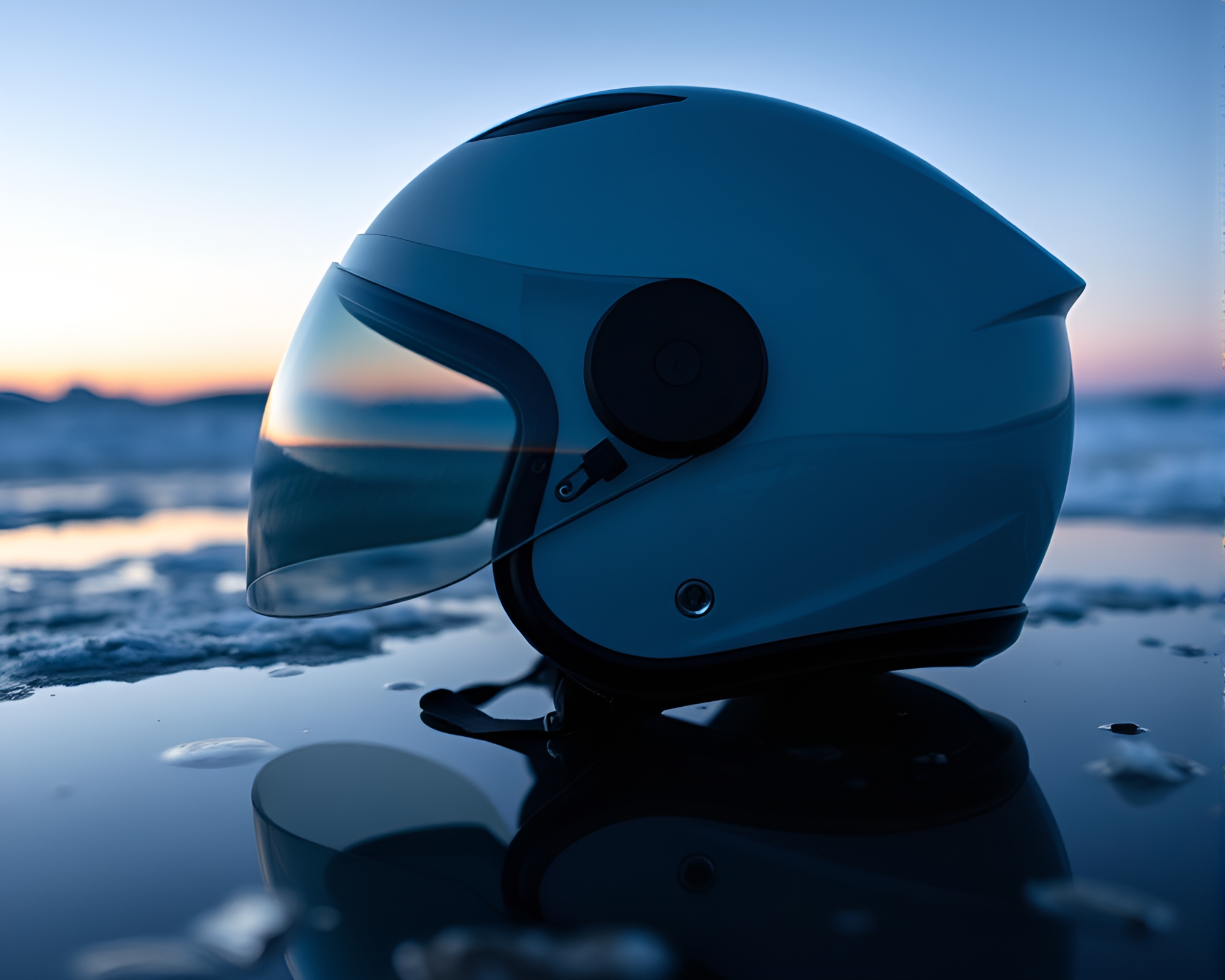 Helmet Reflection in Polar Twilight Puddle – free AI stock image