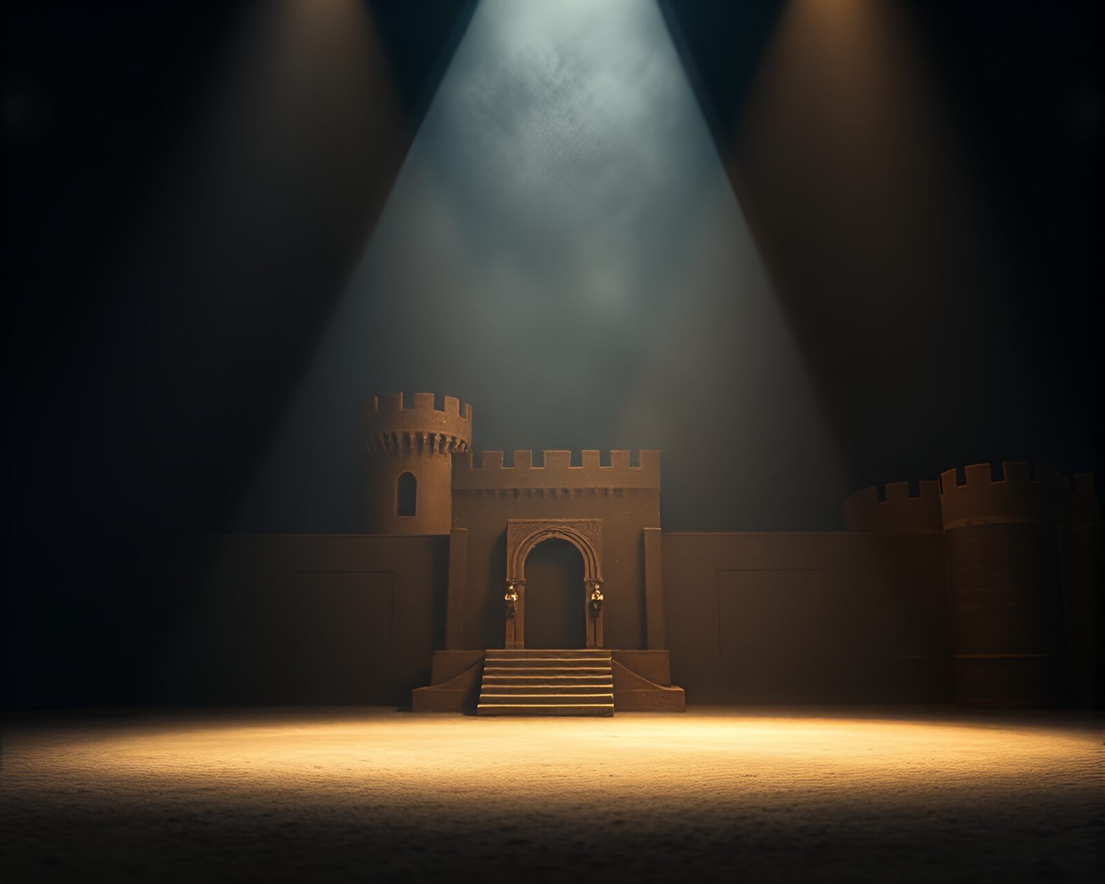 Tilt-shift photography of dusty castle under stage spotlight
